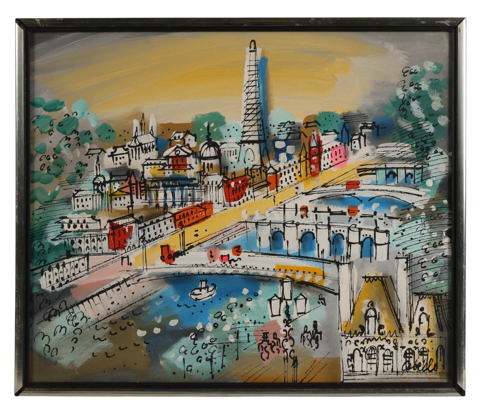 Charles Cobelle 1902-1988 Eiffel Tower Painting: Charles Cobelle (French-American, 1902-1988), oil on canvas depicting the Eiffel Tower overlooking a Parisian cityscape with bridges and river traffic, rendered in a colorful and expressive modernist 