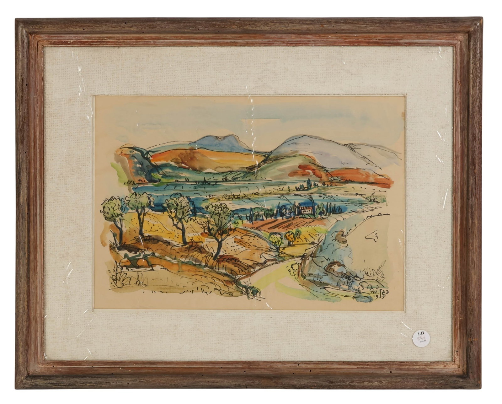 Israeli 1955 Landscape Watercolor Painting SIGNED: Mid-century Israeli watercolor landscape painting on paper depicting a colorful pastoral landscape with rolling hills, trees, and waterways rendered in expressive linework and washes of blue, green, o