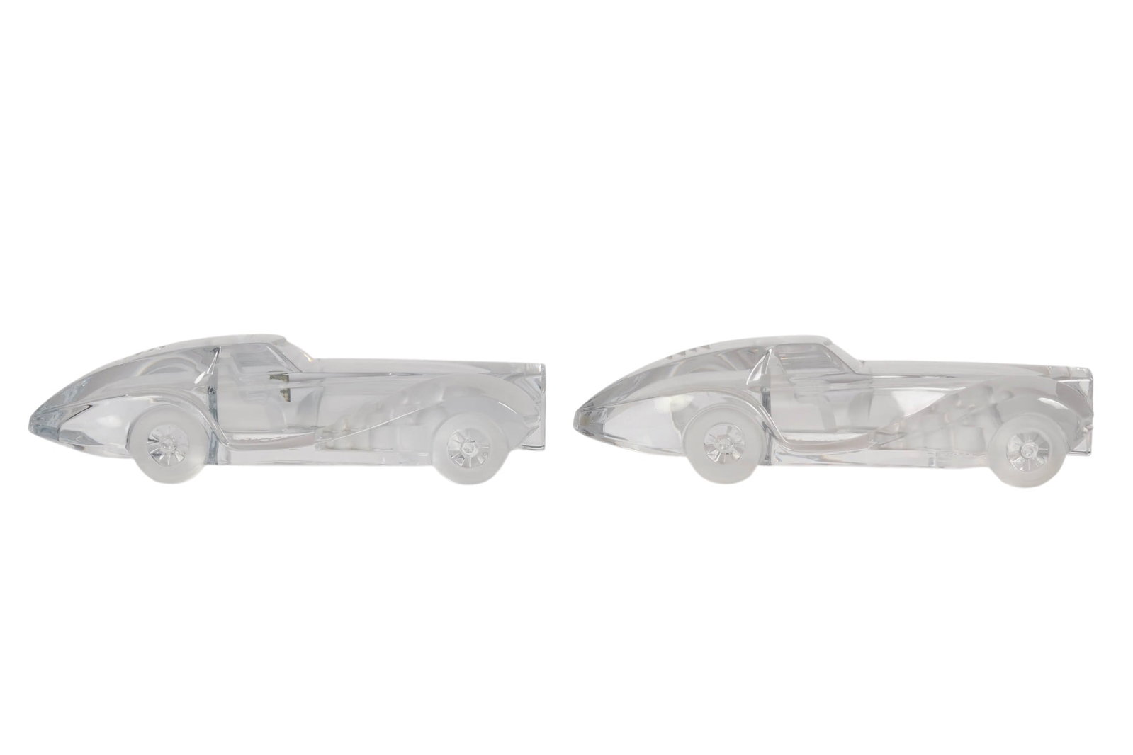 Daum Crystal Large Riviera Coupe Car Models PAIR: Two Daum France crystal sculptures depicting Bugatti Coupe Riviera vintage automobile models designed by Xavier Froissart. The finely detailed clear and frosted crystal sculptures portray streamlined 