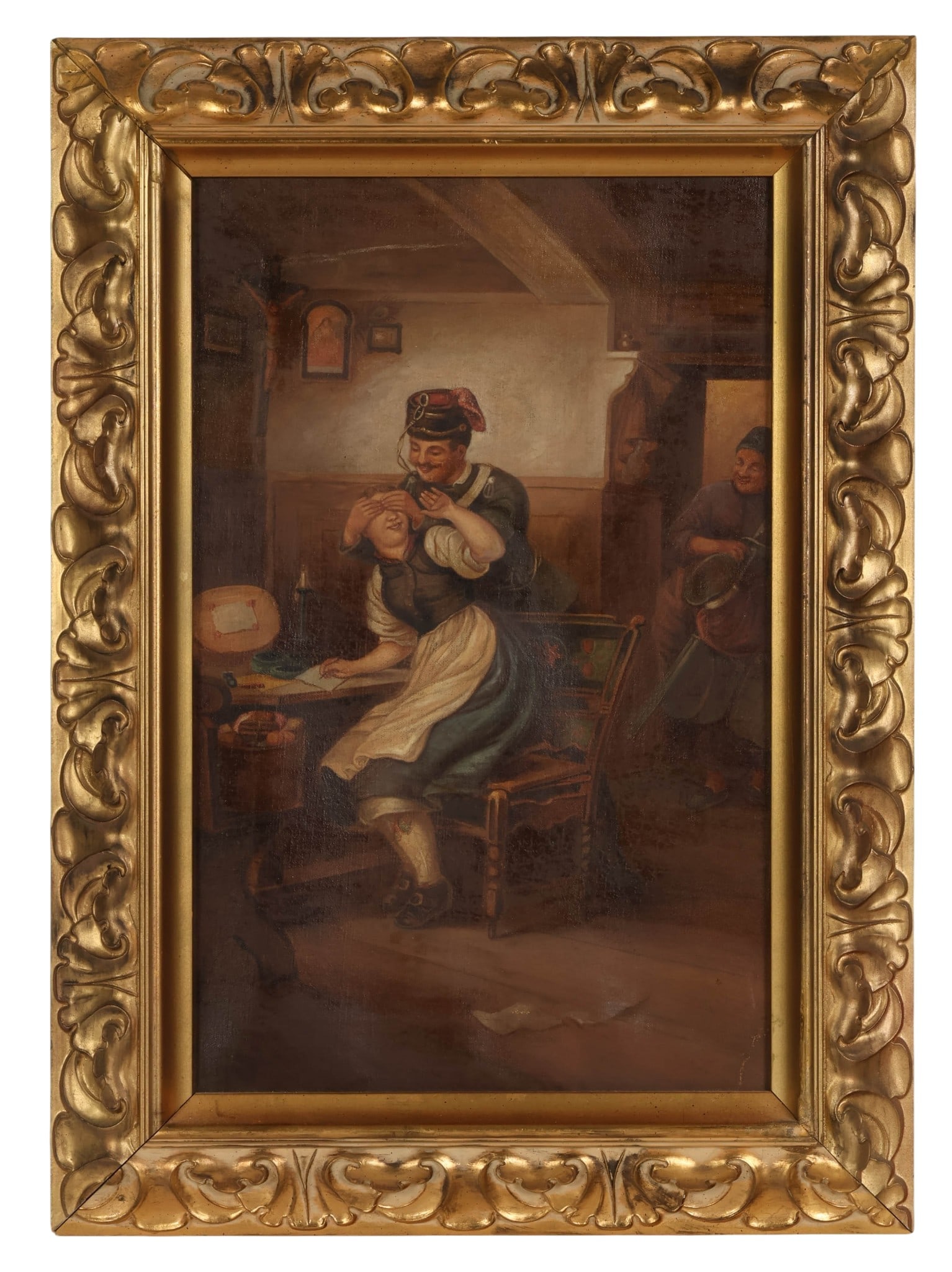 Antique European Interior Genre Scene Oil Painting: Antique European School, oil on canvas depicting an interior genre scene with figures in a domestic setting. Composition shows a seated woman being playfully approached from behind while another figur