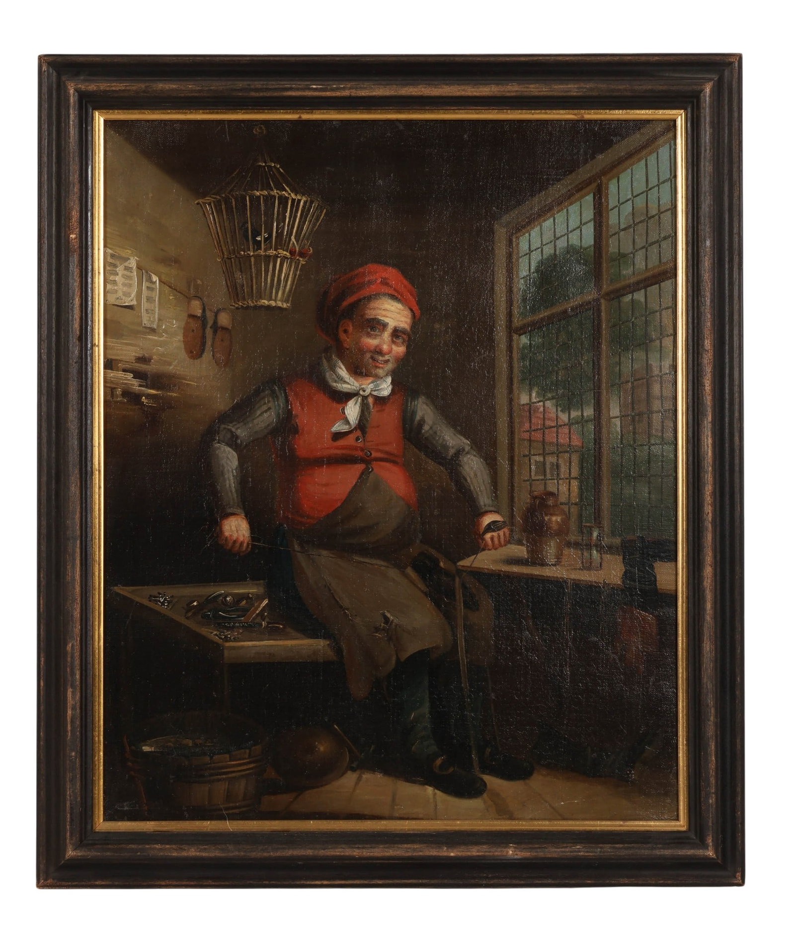 Antique European Figural Interior Scene Painting: Antique European School oil on canvas depicting a lively interior genre scene. Composition features a seated male figure in traditional attire within a rustic workshop or domestic interior beside a wo