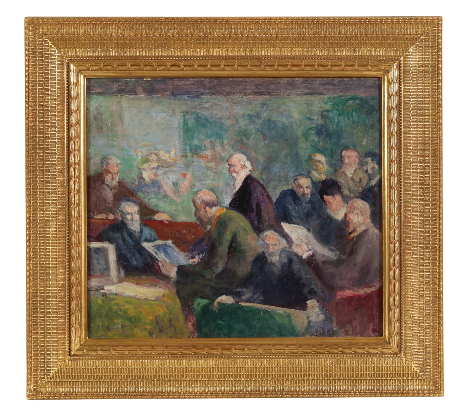 Antique Social Realism Courtroom Scene Painting: Antique oil painting on board depicting a courtroom or tribunal setting in the Social Realism style with seated and standing figures, including elderly men and officials gathered around a central tabl
