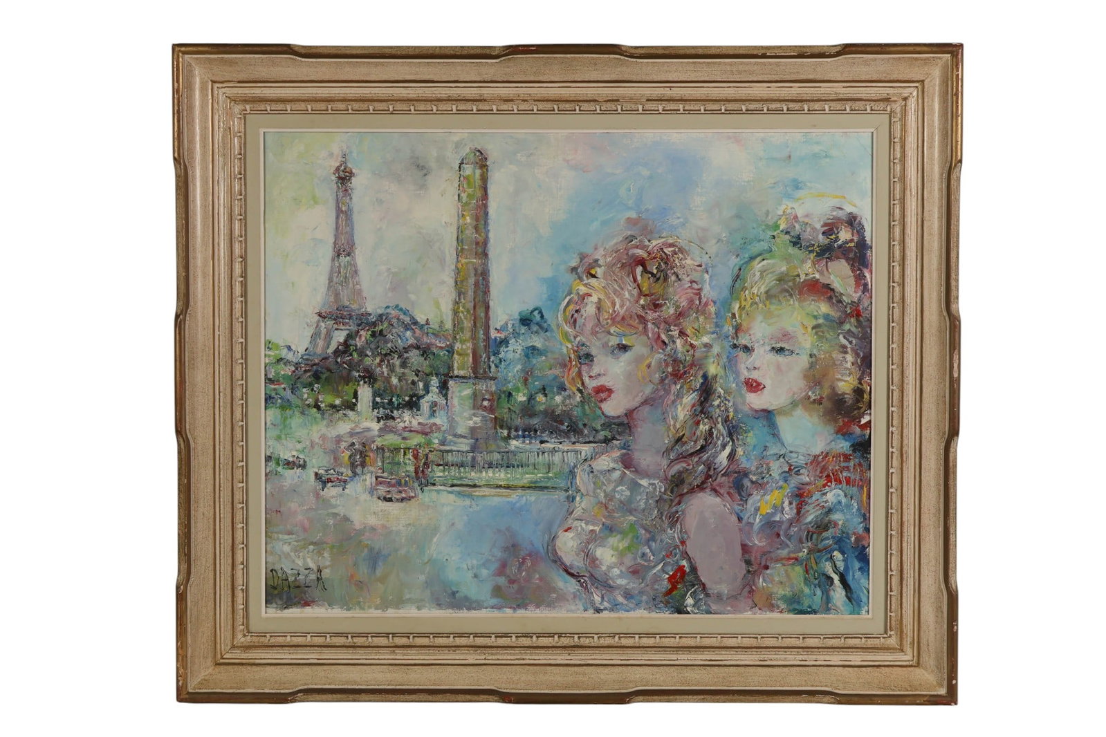 Louis Dazza 20C Parisian Women Scene Oil Painting: Louis Dazza (French, 20th century), oil on canvas painting depicting two Parisian women in the foreground with the Eiffel Tower and a monumental column in the background, rendered in a bold, expressiv
