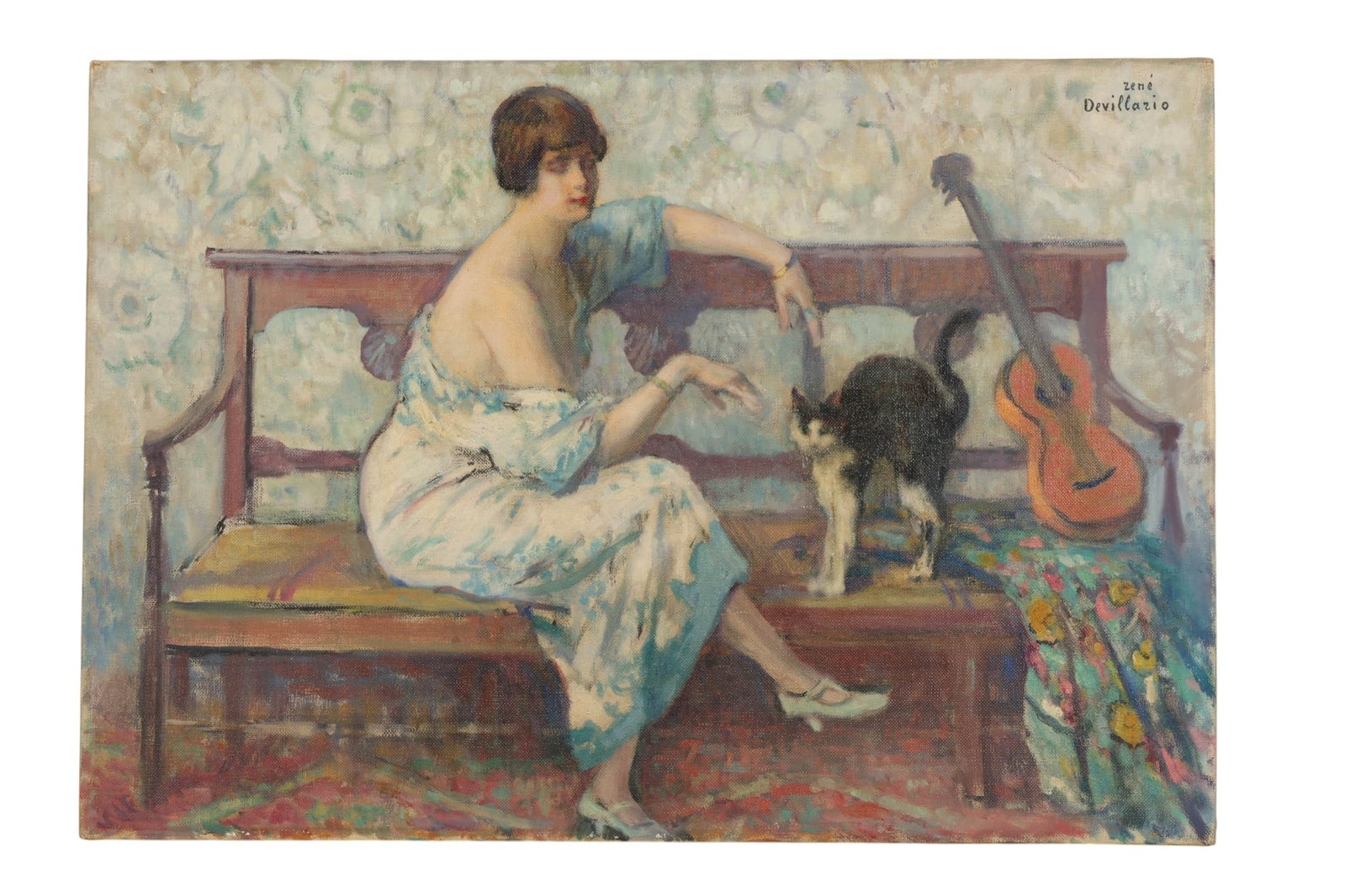 Rene Devillario 1874-1942 Woman and Cat Painting: Rene Marie Leon Devillario (French, 1874-1942). Oil on canvas painting depicting a woman accompanied by a cat, rendered in an expressive and intimate style. The composition highlights the relationship