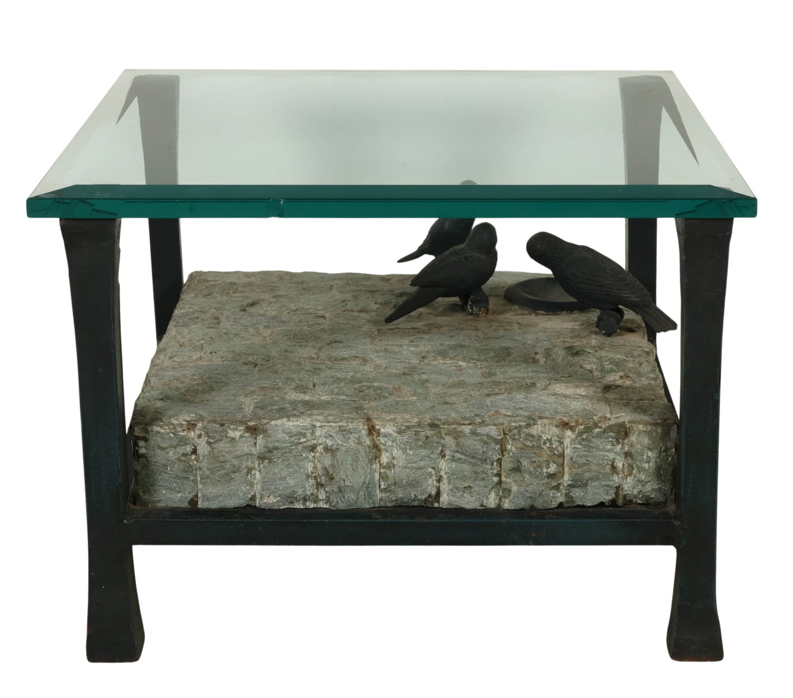 Sculptural Marble and Bronze Glass Top Side Table: Bronze sculptural side table featuring a square-form base composed of natural-edge marble bricks with three sculptural bronze bird figures gathered around a recessed center element. The base is suppor