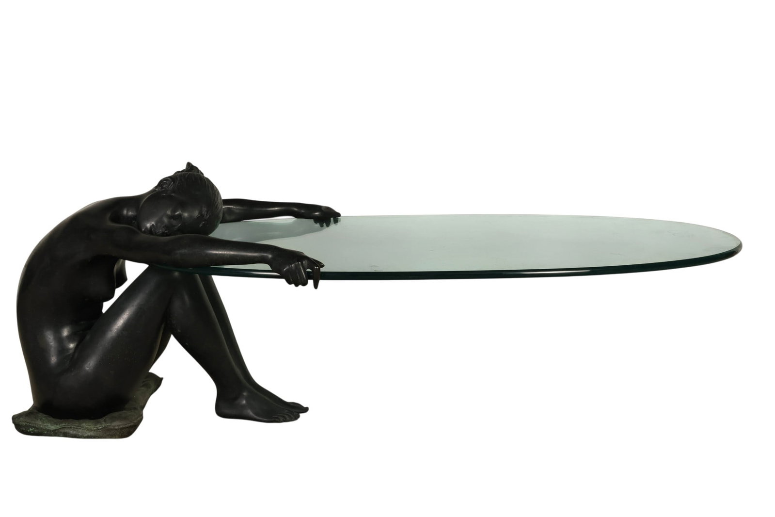 Valenti b.1943 Figural Nude Bronze Glass Top Table: Celestino Valenti (British, born 1943), Marieta, bronze figural cocktail table depicting a seated nude female figure in an expressive pose with elongated outstretched arms designed to support an oval 