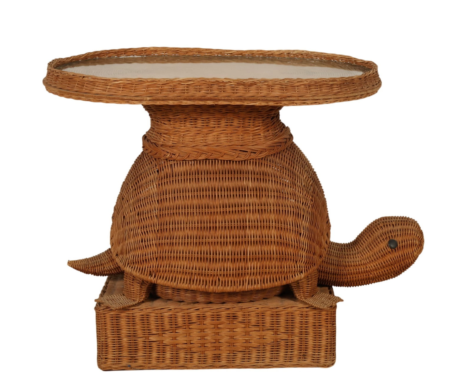 20C Woven Wicker Glass Top Turtle Pedestal Table (1 of 6)
