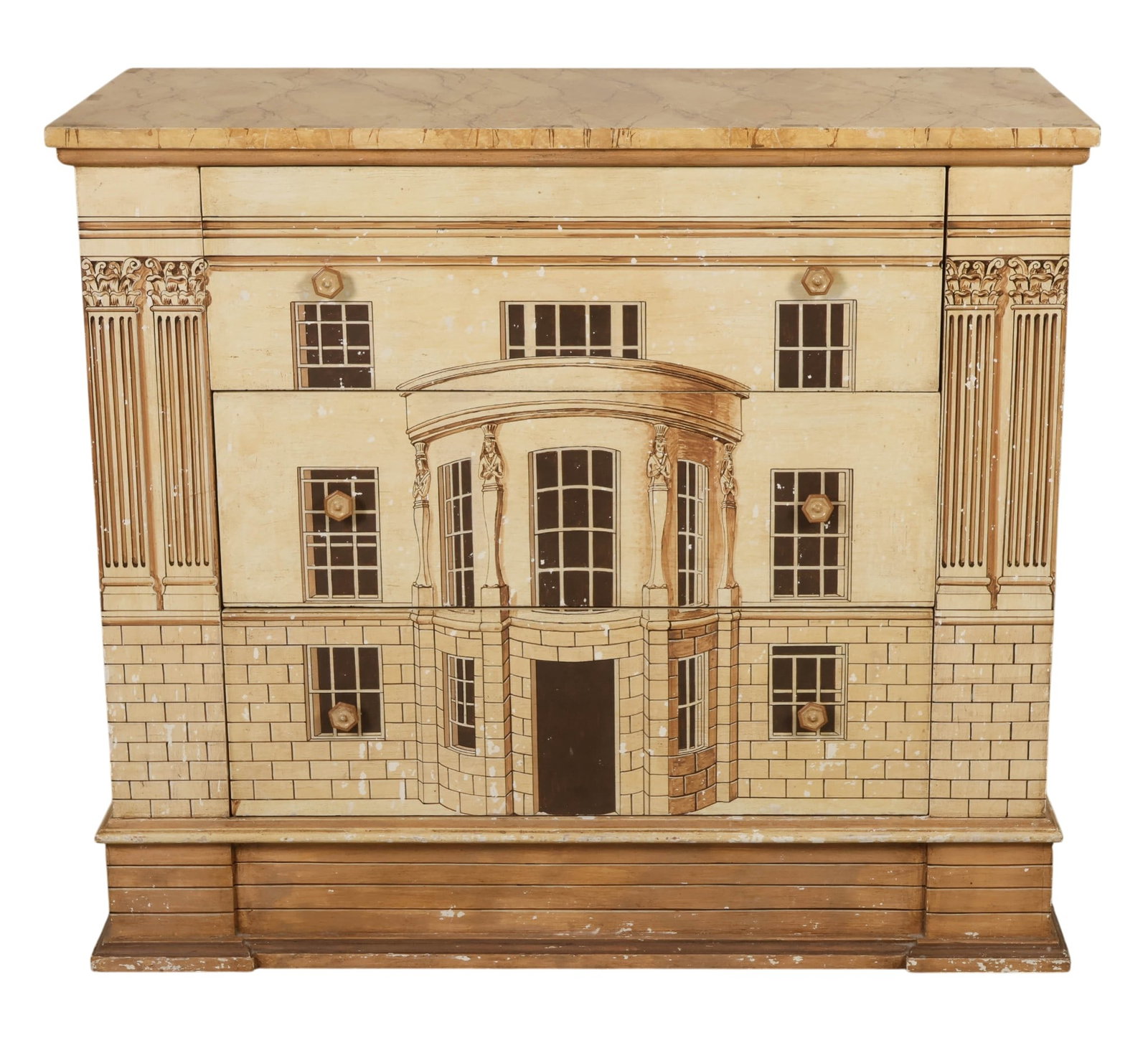 20C Italian Florentine Trompe L'oeil Style Dresser: Italian Fornasetti-style chest of three drawers featuring a hand-painted trompe loeil architectural facade motif with neoclassical columns, windows, and entryway details throughout the case. The piece