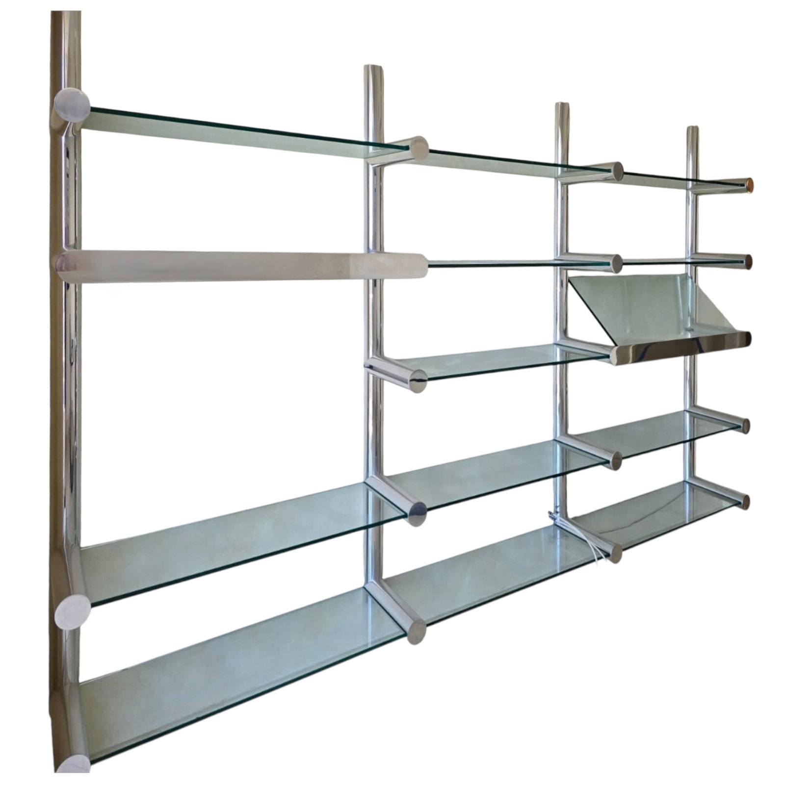 Pace "Obra" Illuminated Metal and Glass Wall Unit: Janet Schweitzer for Pace Collection, Obra modular wall unit shelving system constructed of extruded polished aluminum supports with cylindrical horizontal arms supporting thick beveled glass shelves.