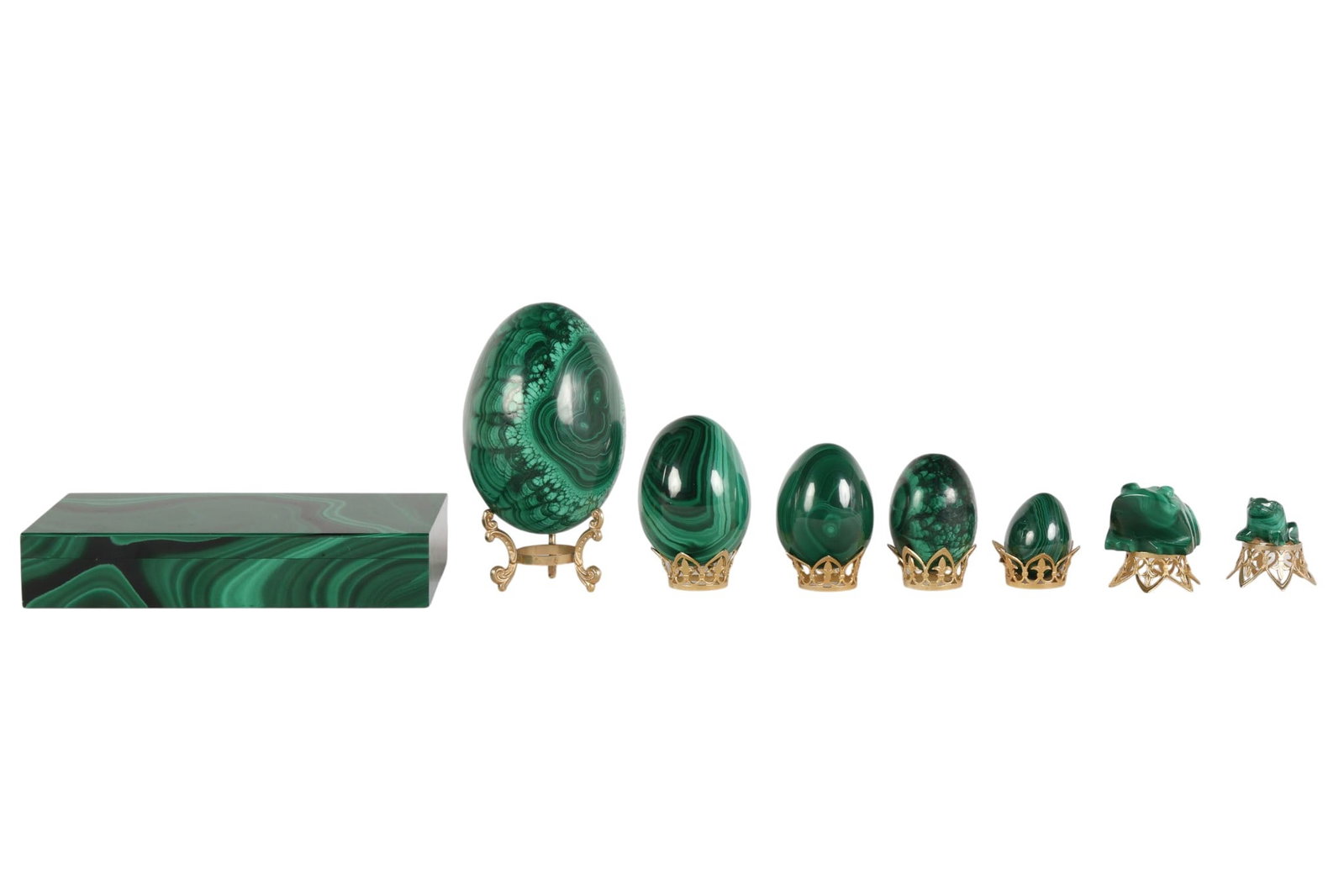Malachite Gemstone Eggs Frogs & Box 8pc ESTATE LOT (1 of 8)