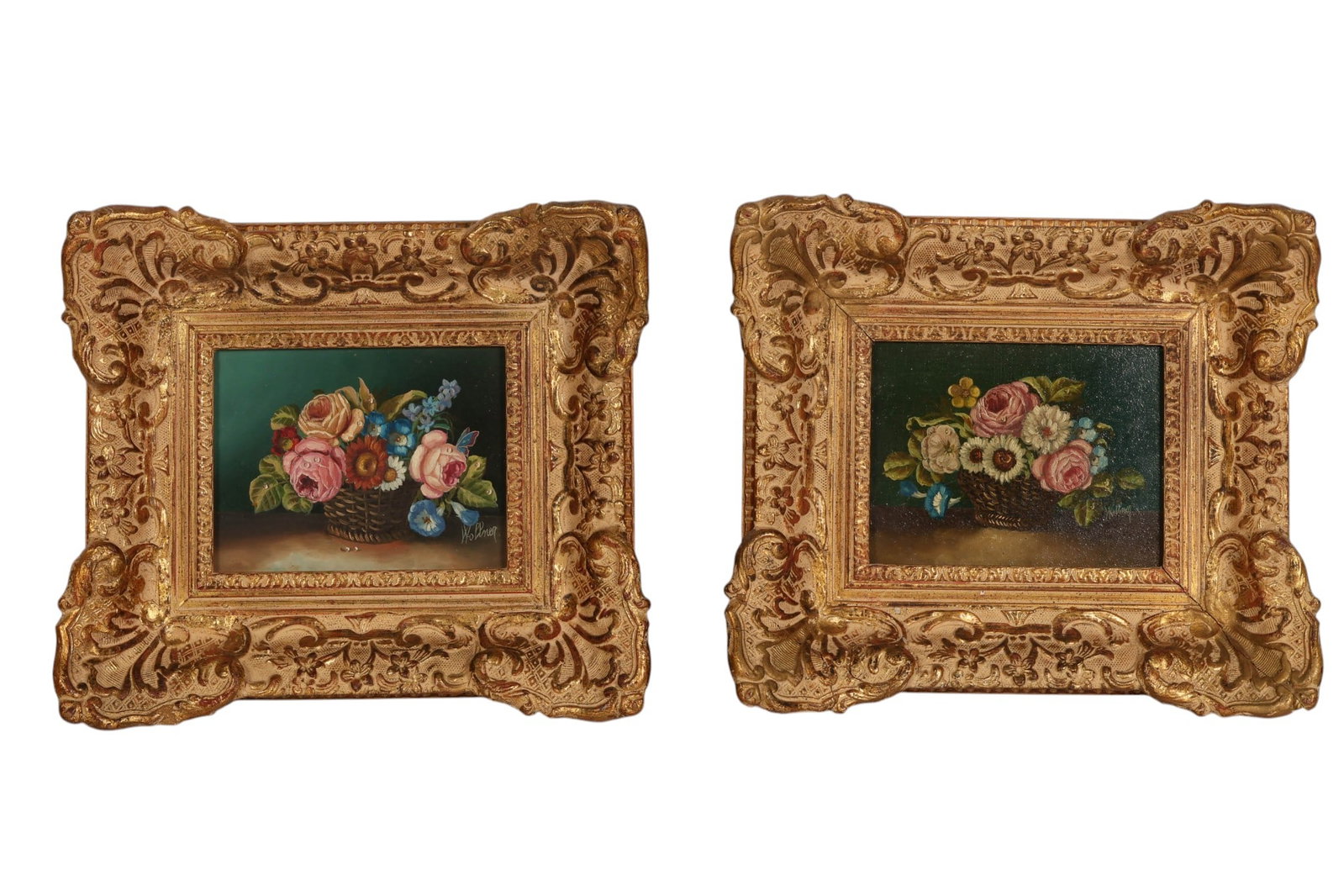 Hedwig Wollner-Beuk 1890-1956 Floral Painting LOT: Hedwig Wolner-Beul (Austrian, 1890-1956), two floral still life paintings, oil on board, each depicting a delicately arranged basket of flowers set against a deep green ground. The compositions featur