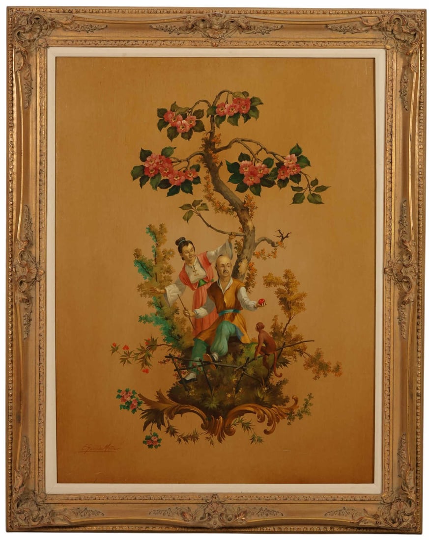 Eulalio Garcia Mata 1910-1985 Asian Theme Painting: Eulalia Garcia Mata (Cuban, 1910-1985), oil on masonite board depicting a Chinoiserie style figural composition with a seated male and standing female beneath a flowering tree, accompanied by a small 