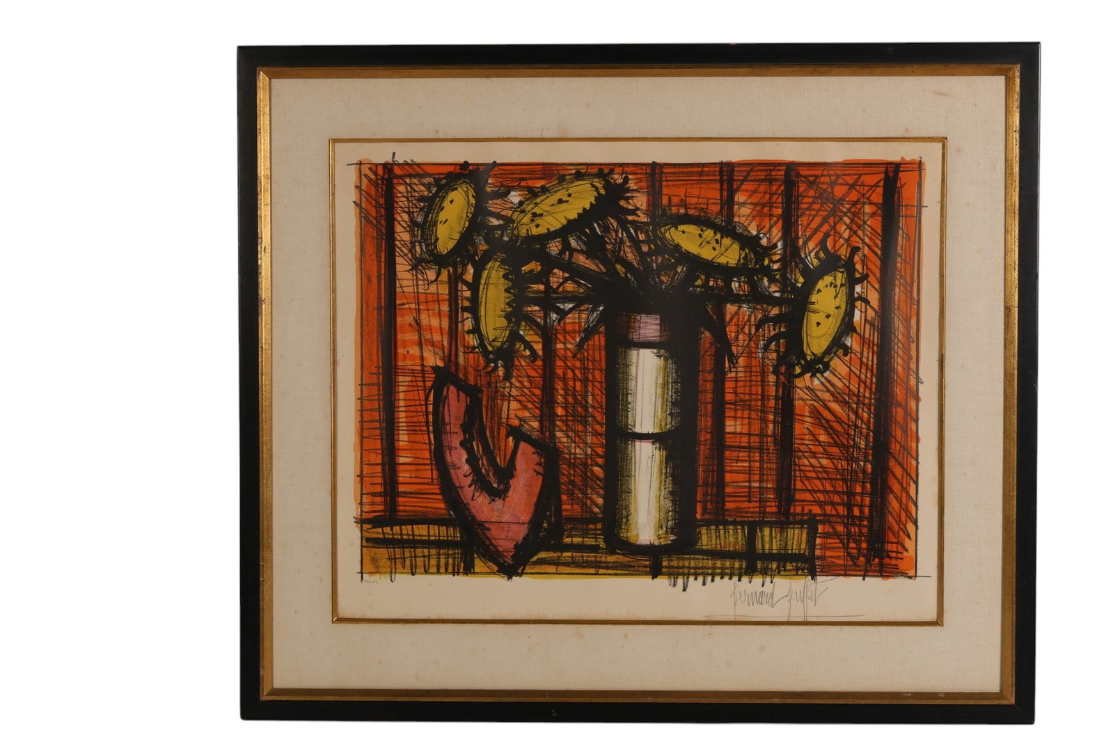 Buffet 1928-1999 Sunflower and Melon Litho SIGNED: Bernard Buffet (French, 1928-1999),Tournesol et Melon, color lithograph on paper depicting a still life composition of sunflowers in a vase with a melon, rendered in the artists characteristic linear 