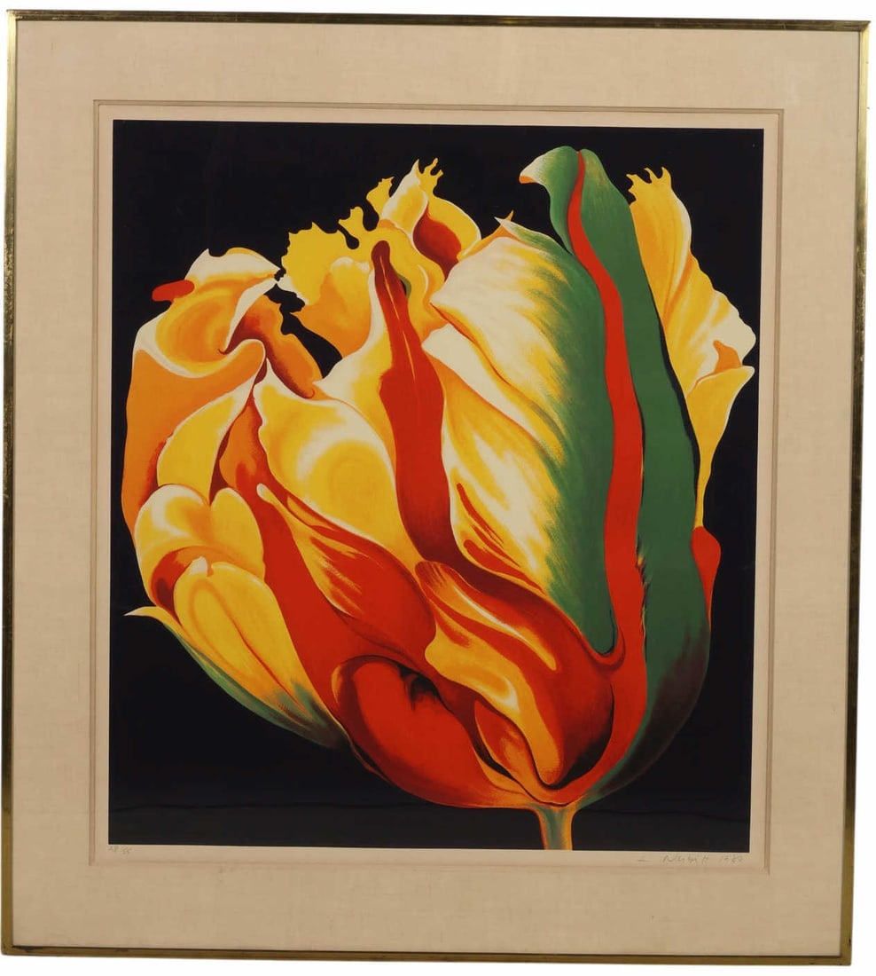Lowell Nesbitt 1933-1993 Parrot Tulip 1980 SIGNED: Lowell Nesbitt (American, 1933-1993), Parrot Tulip, 1980, limited edition lithograph depicting a vividly colored parrot tulip rendered in bold, graphic detail against a dark ground. The composition hi