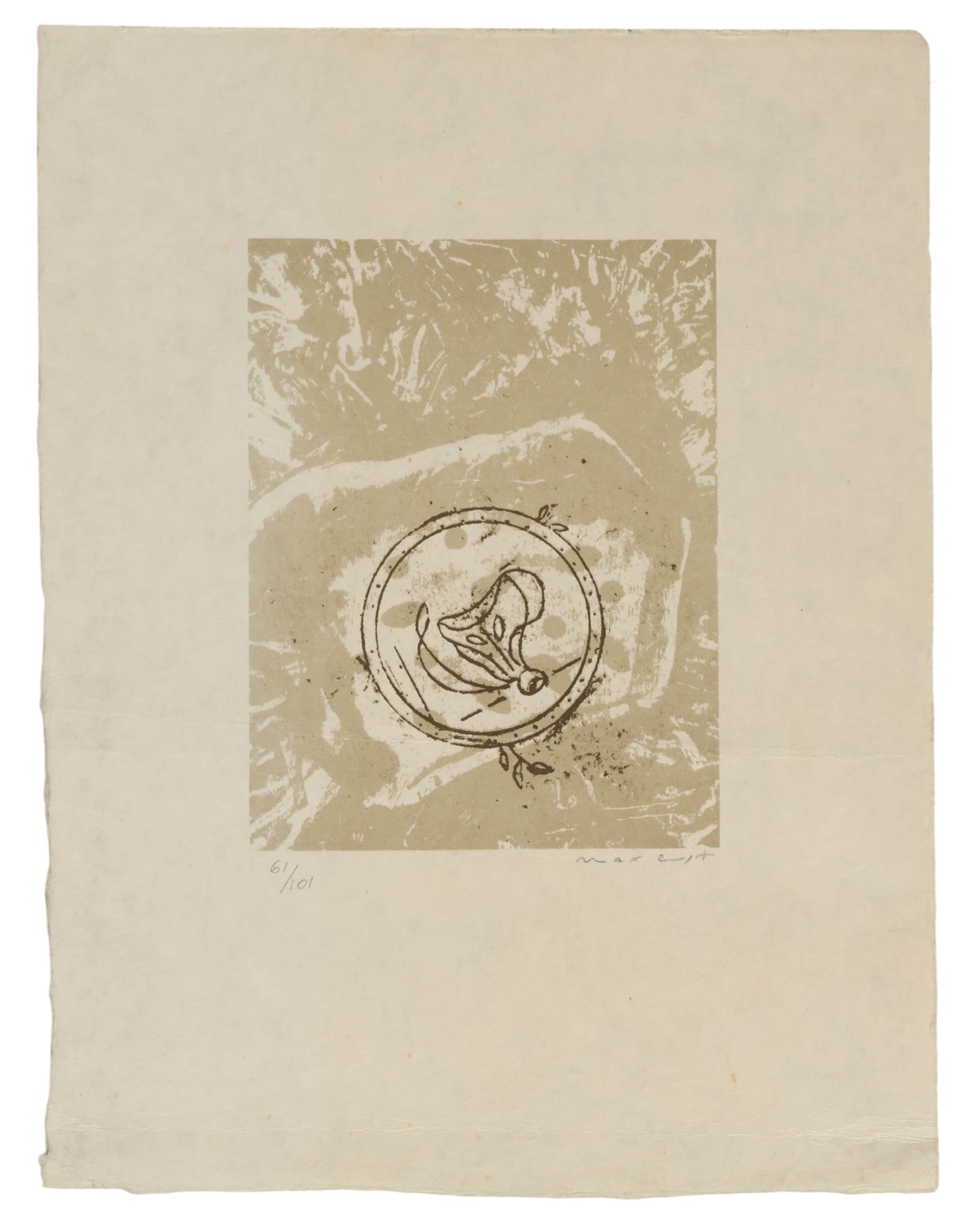 Max Ernst 1891-1976 Surreal Bud Lithograph SIGNED: Max Ernst (German-French, 1891-1976), Bourgeon Surrealiste, limited edition lithograph on paper featuring a delicate surrealist composition rendered in muted tones and centered within a wide margin. T