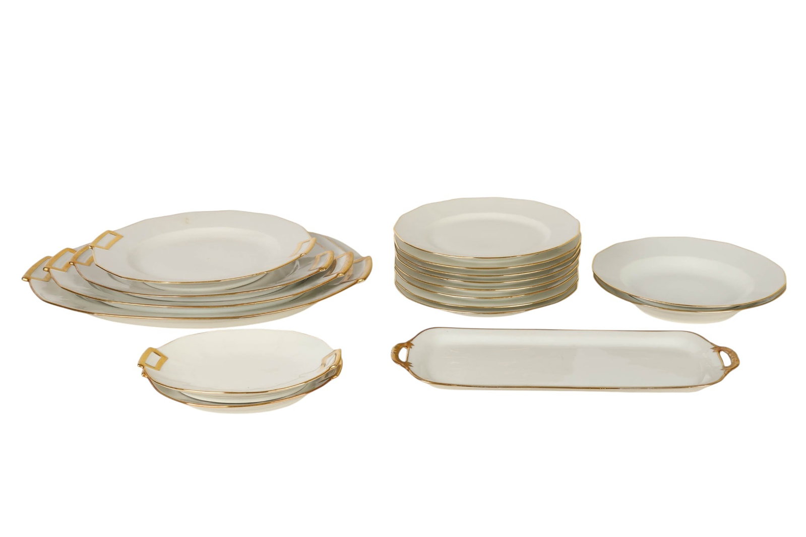 Limoges Cream-Glazed Gilt Trim Tableware 17pc SET: GDA Limoges France, fine porcelain dinner service set comprising seventeen pieces, decorated in a classic white ground with octagonal shaping and heavy gold borders with stylized handles. The set