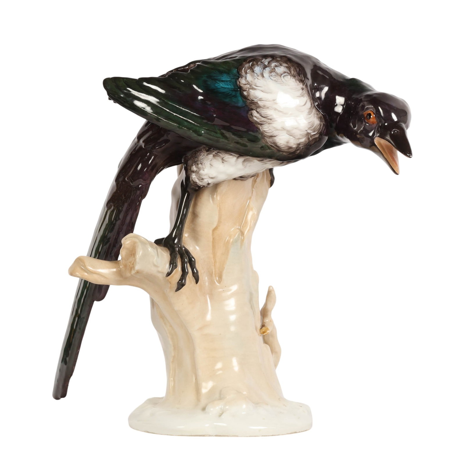 KPM Berlin German Porcelain Magpie Bird Figurine: KPM Berlin porcelain magpie figure designed by Johann Baptist Pedrozzi depicting a detailed black and white magpie perched upon a naturalistic tree stump base with an open beak and elongated tail feat