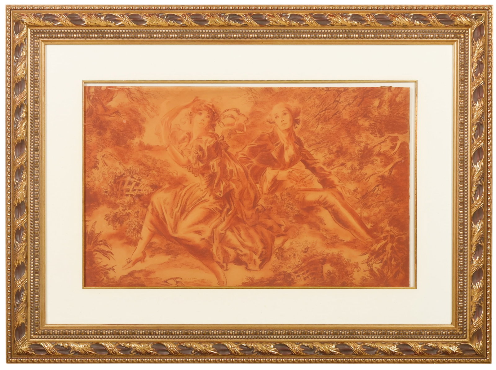 Everett Shinn 1876-1953 Figural Sanguine Drawing: Everett Shinn (American, 1876-1953), antique sanguine drawing depicting an 18th century style romantic figural scene of a seated couple in a pastoral landscape, rendered in warm sepia tones with delic