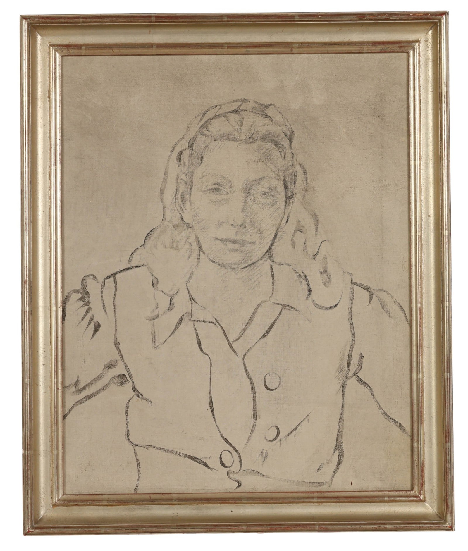 George Biddle 1885-1973 Woman Portrait Painting: George Biddle (American, 1885-1973), paint and graphite portrait on canvas depicting a woman with long hair, rendered in a loose, expressive monochrome style using graphite and paint on canvas. Verso