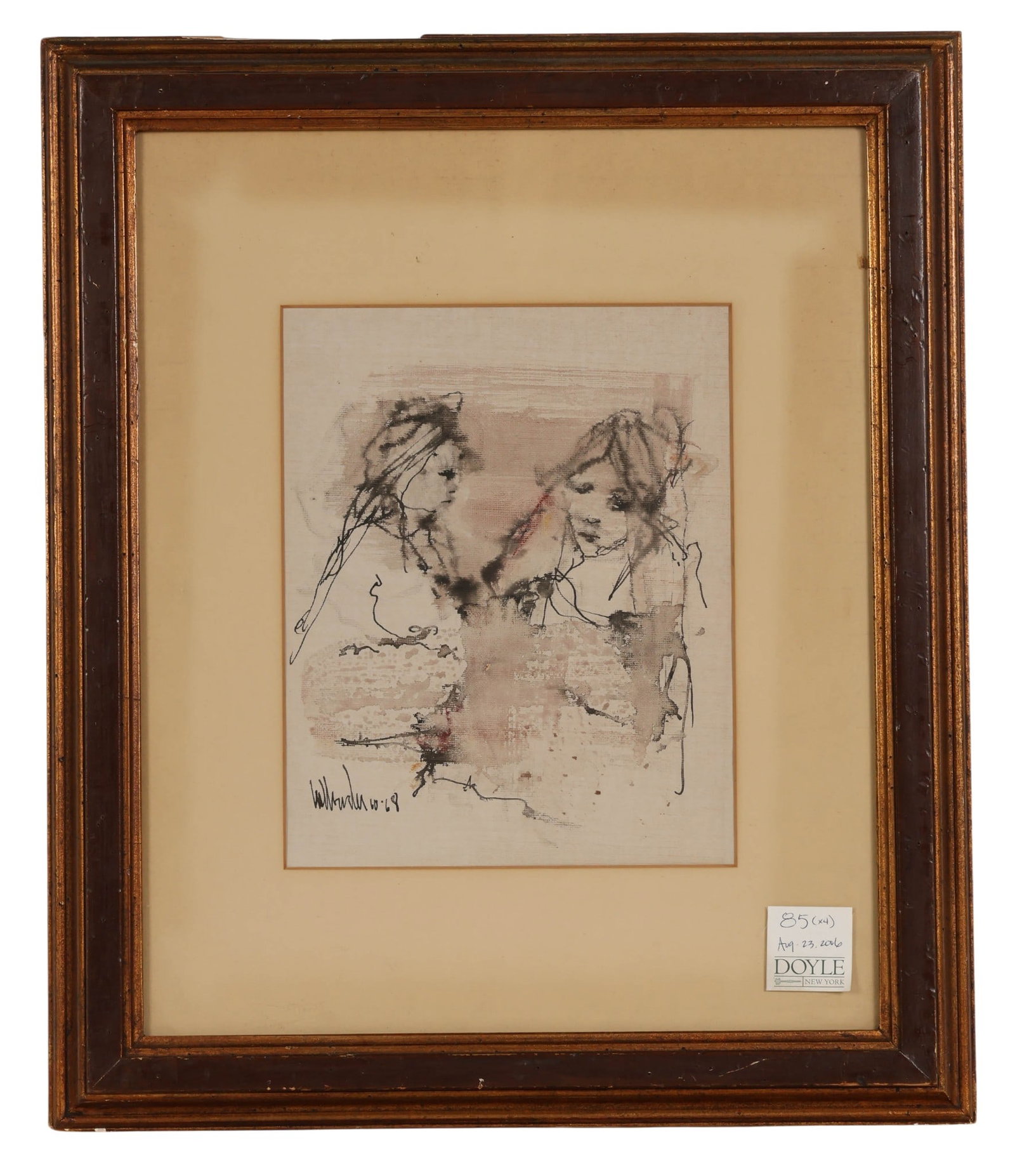 Gino Hollander 1924-2015 Abstract Figural Painting: Gino Hollander (American, 1924-2015). Painting on canvas depicting an expressive abstract figural composition rendered in loose ink and wash with gestural linework and subdued tonal washes. Signed alo