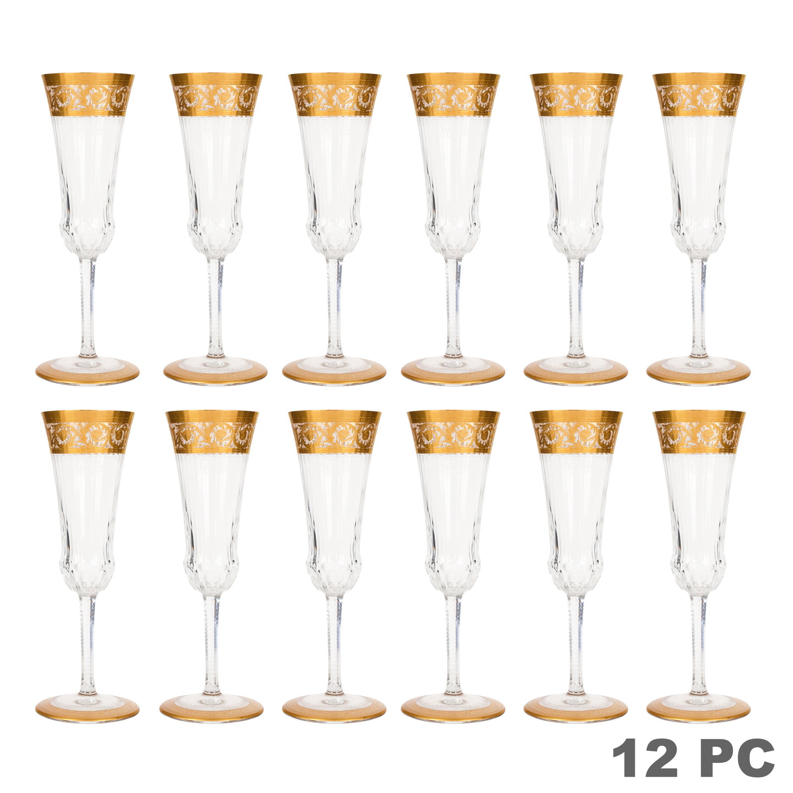 St Louis Crystal Thistle Champagne Flutes 12pc SET: Set of twelve St. Louis Continental crystal champagne flutes in the Thistle pattern, each featuring elongated tapered bowl forms with gilt scrolling foliate decoration to the rims, faceted stems, and