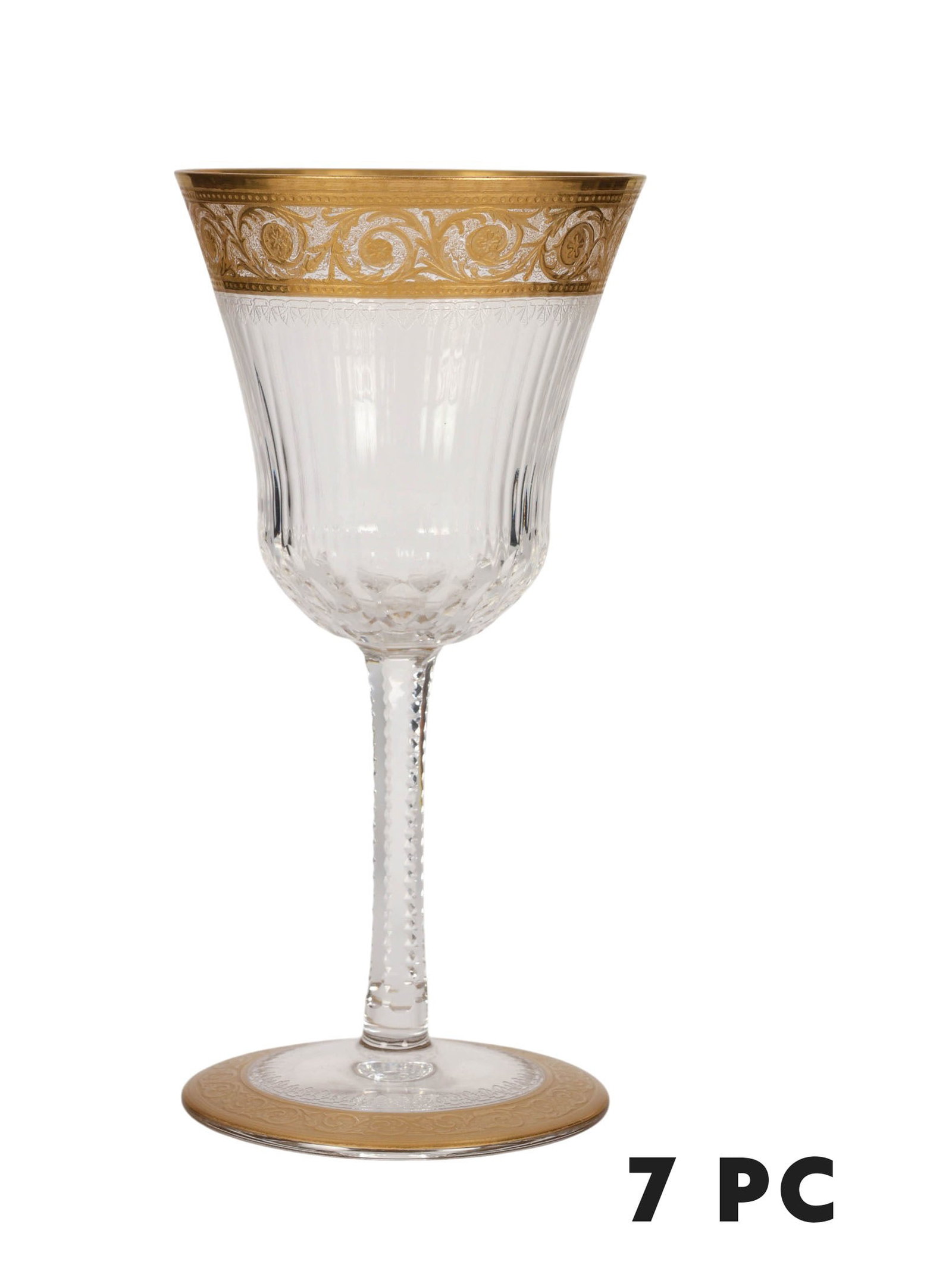 St Louis Crystal Thistle Claret Wine Glass 7pc SET: Set of seven St. Louis Continental crystal claret wine glasses in the Thistle pattern, featuring tapered bowl forms with gilt scrolling foliate decoration to the rims, faceted stems, and