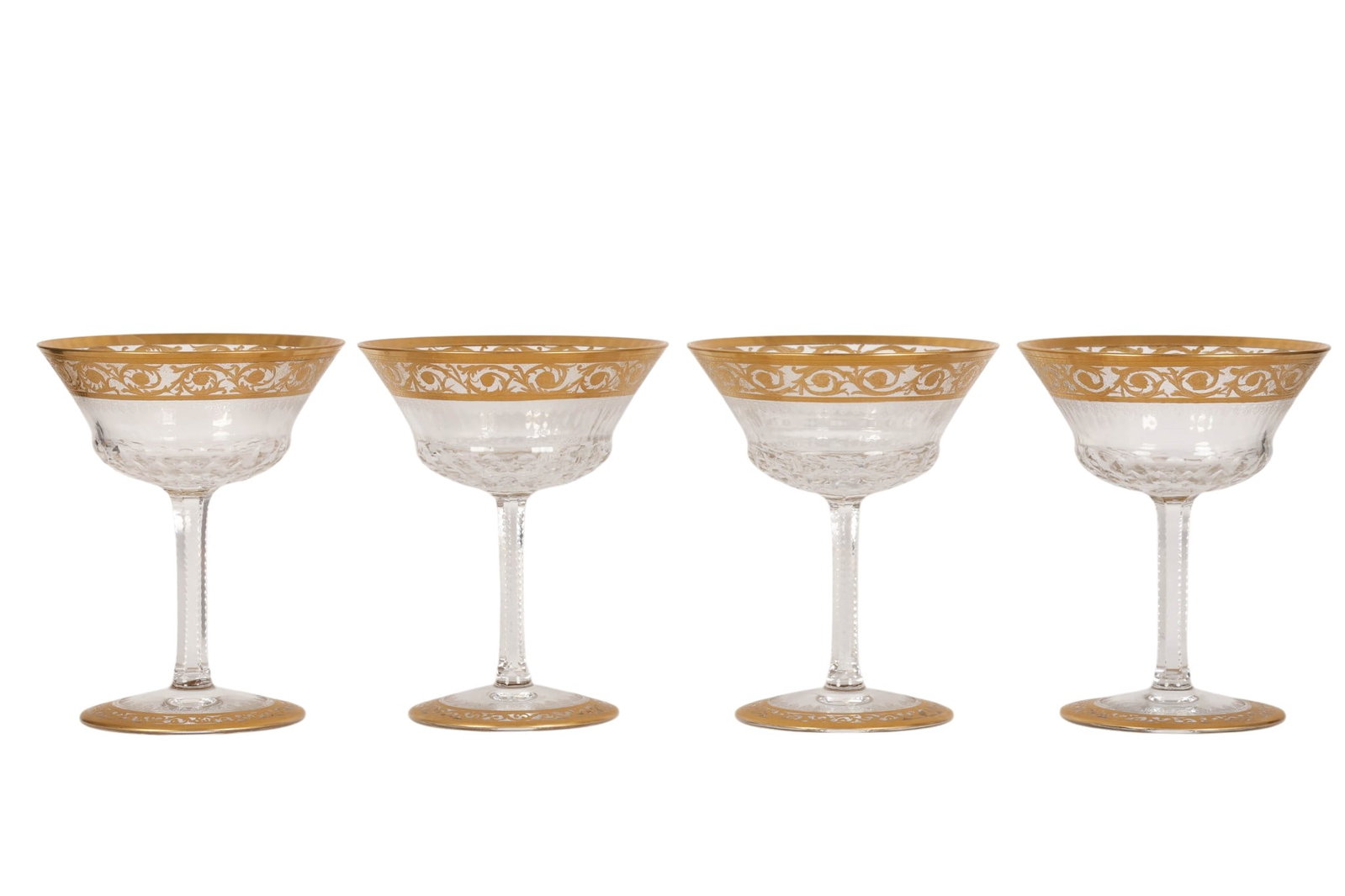 St Louis Crystal Thistle Sherbet Glasses 4pc SET: Set of four St. Louis Continental crystal sherbet glasses in the Thistle pattern, each featuring wide coupe-form bowls with finely cut detailing, gilt scrolling foliate decoration to the rims and feet