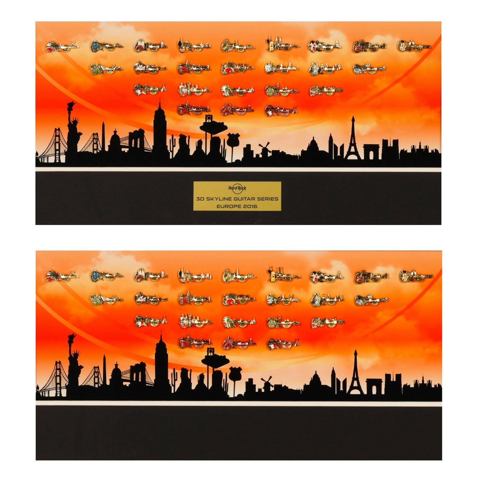 Hard Rock Cafe 2016 Europe Guitar Series 50pc LOT: Lot of Two Framed Hard Rock Pin Collections, each displaying 25 Hard Rock Cafe Limited Edition 2016 Europe 3D Skyline Guitar Series enameled pins formed as guitar silhouettes incorporating iconic Euro