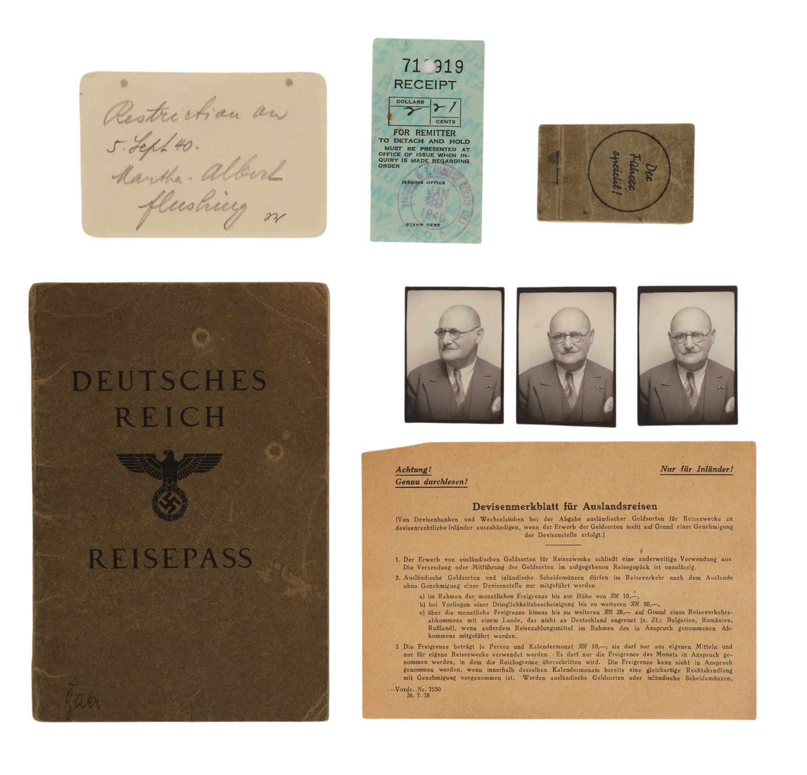 WWII Era German Passport Ephemera Card & Photo LOT (1 of 6)