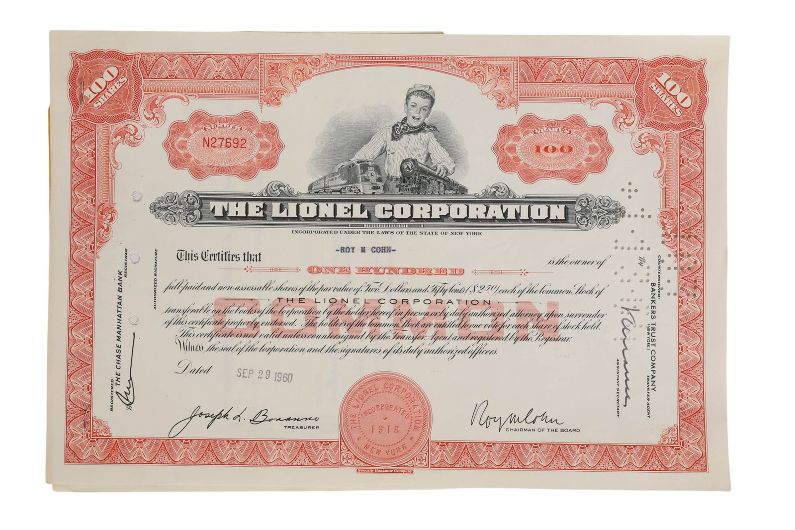The Lionel Corporation 100 Share Stock Certificate: The Lionel Corporation stock certificate issued for one hundred shares dated September 29, 1960. Features a vignette of a child operating a train above the central title with ornate border decoration 