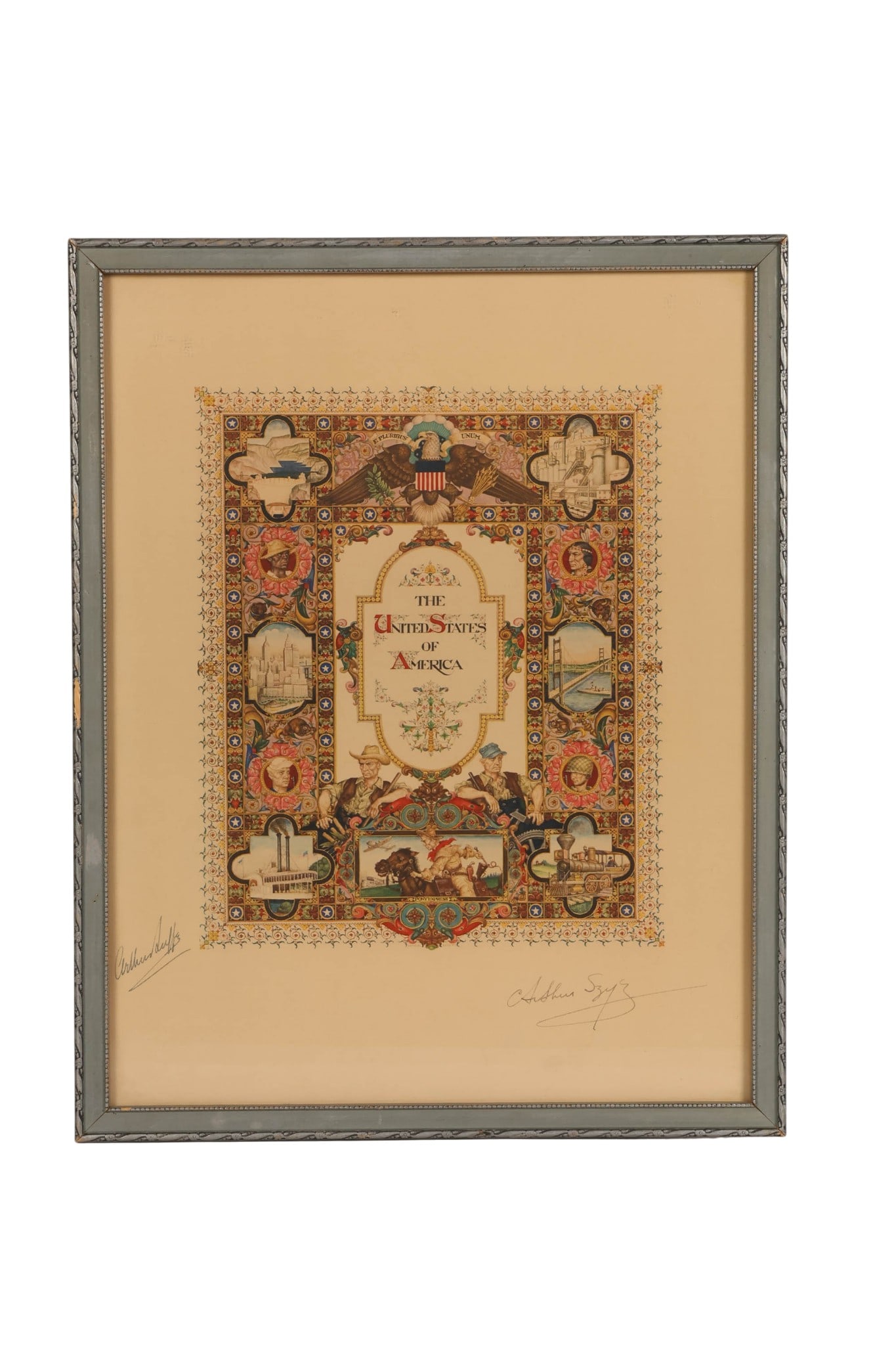 Arthur Szyk 1894-1951 United States Litho SIGNED: Arthur Szyk (Polish-American, 1894 - 1951), The United States of America, antique color heliochrome print on paper. The intricate composition features patriotic American imagery including the Great Se