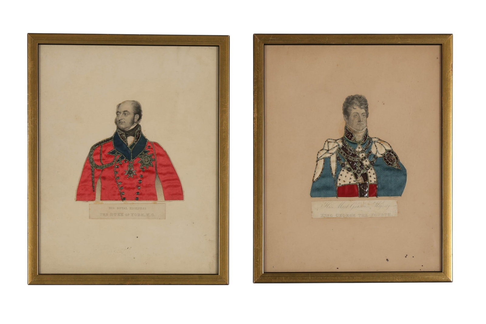 Jeweled Portraits of Duke of York & King George IV: Pair of framed portrait prints depicting His Royal Highness The Duke of York, K.G. and His Most Gracious Majesty King George the Fourth. Each bust portrait embellished with applied jeweled decorations