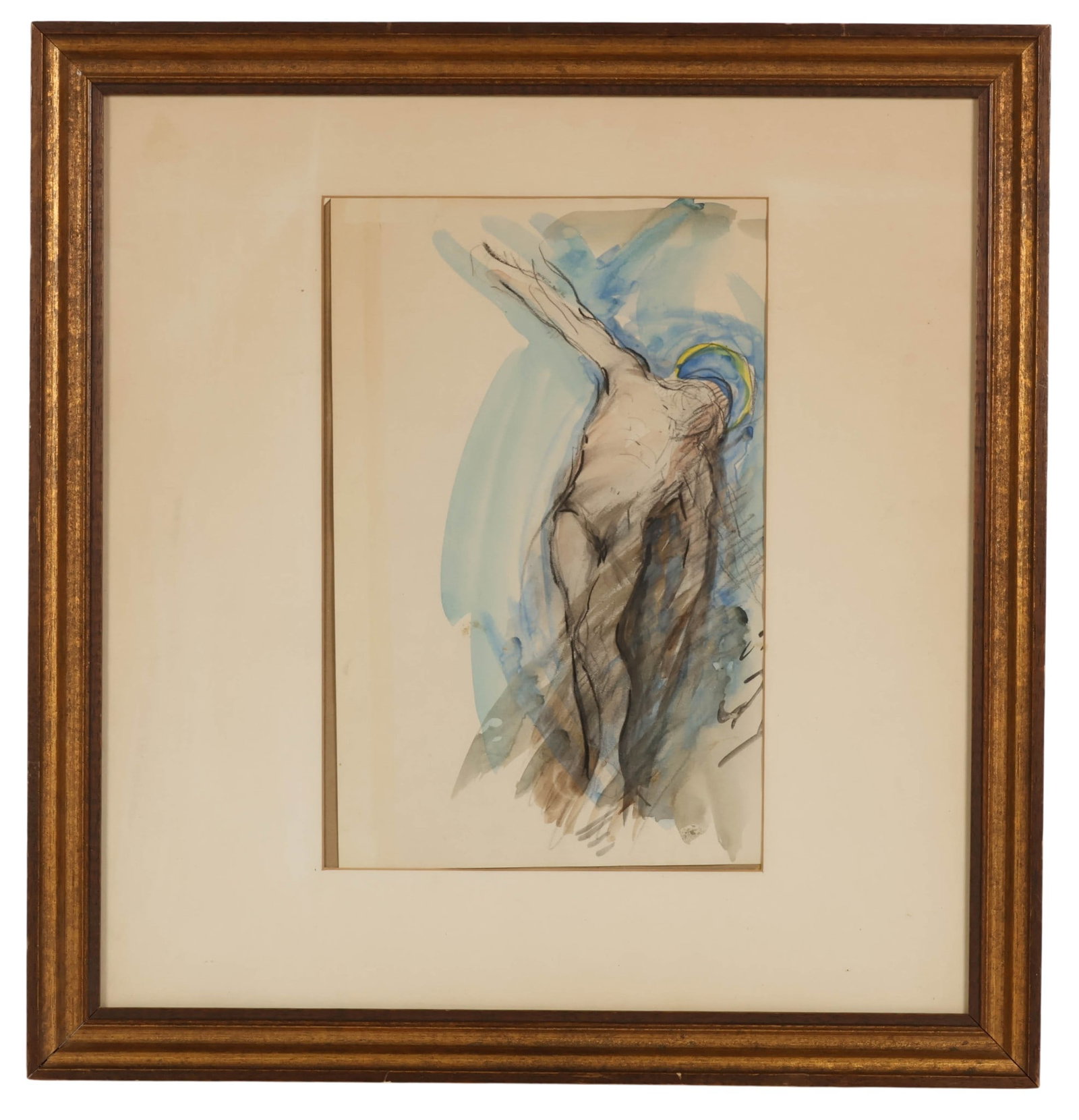 Abstract Dying Christ on Cross Watercolor Painting: Expressive watercolor painting on paper depicting the figure of Christ in a dynamic elongated pose, rendered with loose gestural linework and washes of blue and gray tones. Composition emphasizes move