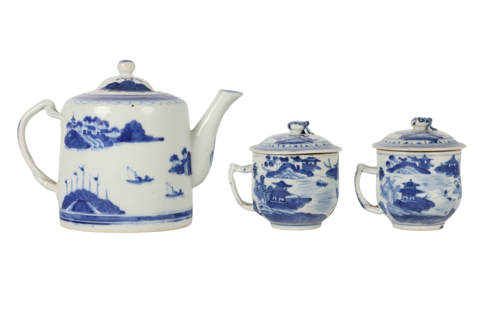 Chinese Canton Blue and White Teapot Cup 3pc LOT: Antique Chinese blue and white porcelain tablewares, including a scenic landscape-decorated teapot with cover and two covered cups featuring architectural pavilion scenes, bridges, trees, and watersid