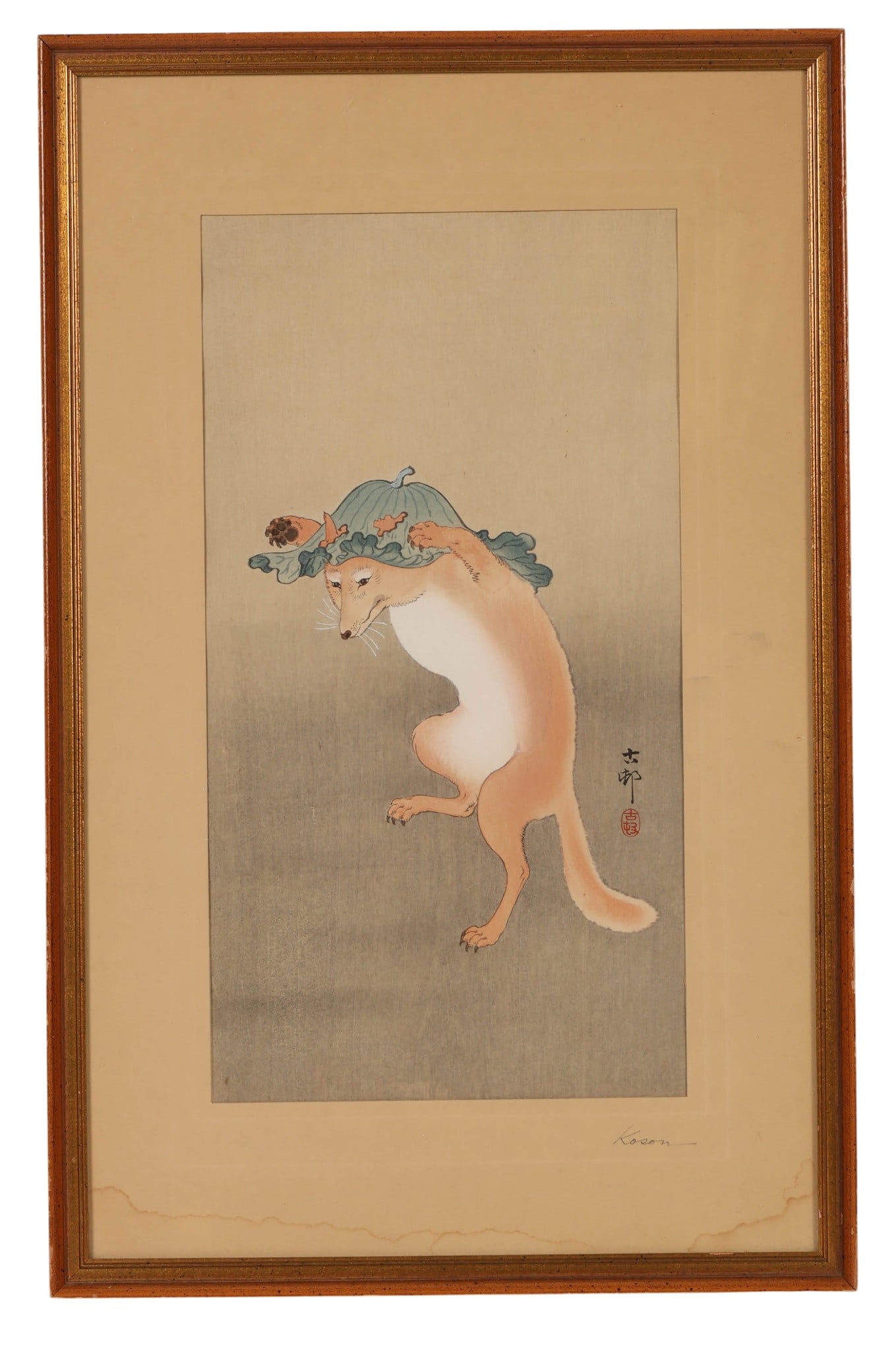 Ohara Koson 1877-1945 Fox Woodblock Print SIGNED: Ohara Koson (Japanese, 1877-1945), Dancing Fox with Lotus Leaf Hat, Japanese woodblock print on paper depicting a whimsical fox standing upright while balancing a lotus leaf upon its head. The artists