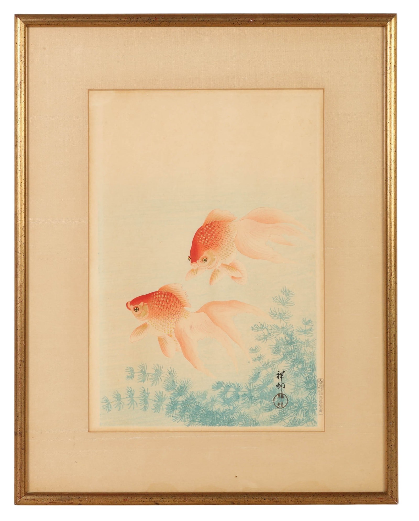 Ohara Koson 1877-1945 Goldfish Woodblock SIGNED: Ohara Koson (Japanese, 1877-1945), Two Veil Goldfish or Goldfish, Japanese woodblock print on paper depicting two flowing pink and white veil-tail goldfish swimming above aquatic foliage rendered in s