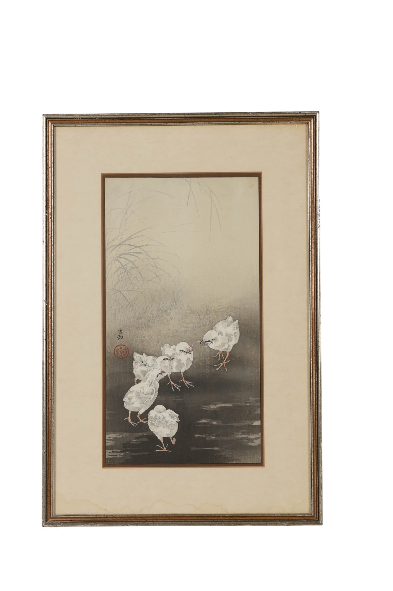 Ohara Koson 1877-1945 Chicks and Worms Woodblock: Ohara Koson (Japanese, 1877-1945), Chicks and Worm, Japanese woodblock print on paper depicting a group of young chicks gathered near reeds and shallow water, with one chick holding a worm in its beak