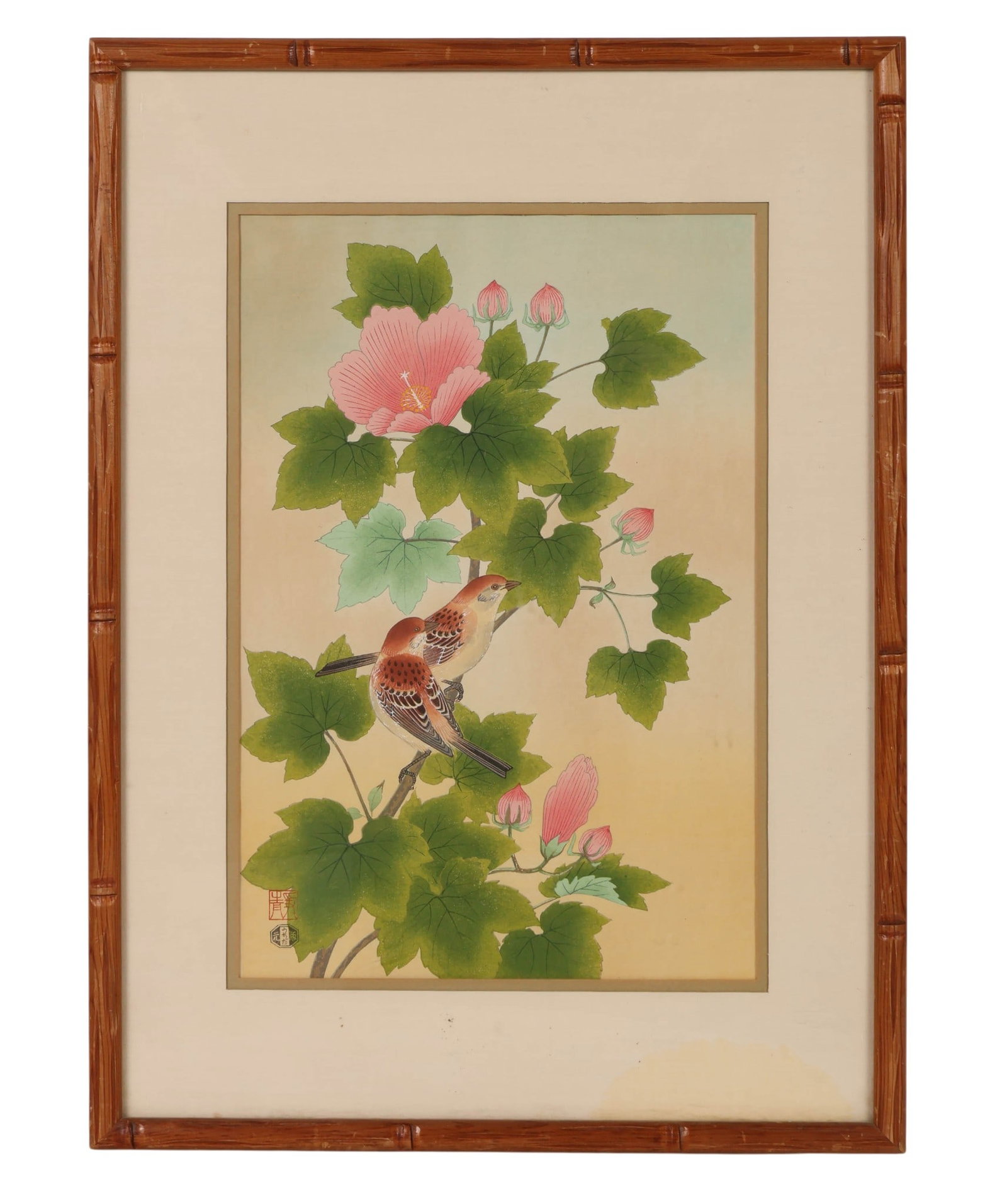 Ashikaga Shizuo 1917-1991 Sparrows Rose Woodblock (1 of 7)