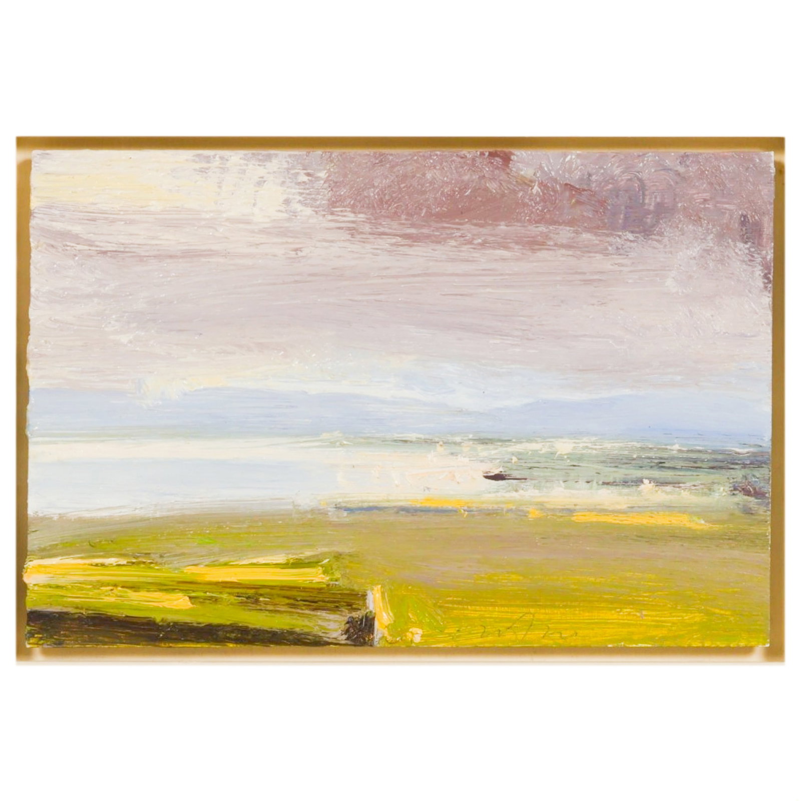Eric Aho b1966 "The Second Day" Landscape Painting: Eric Aho (American, born 1966), The Second Day, oil on panel depicting an atmospheric landscape with an expansive horizon beneath a dramatic sky. Rendered with expressive brushwork and a subdued palet