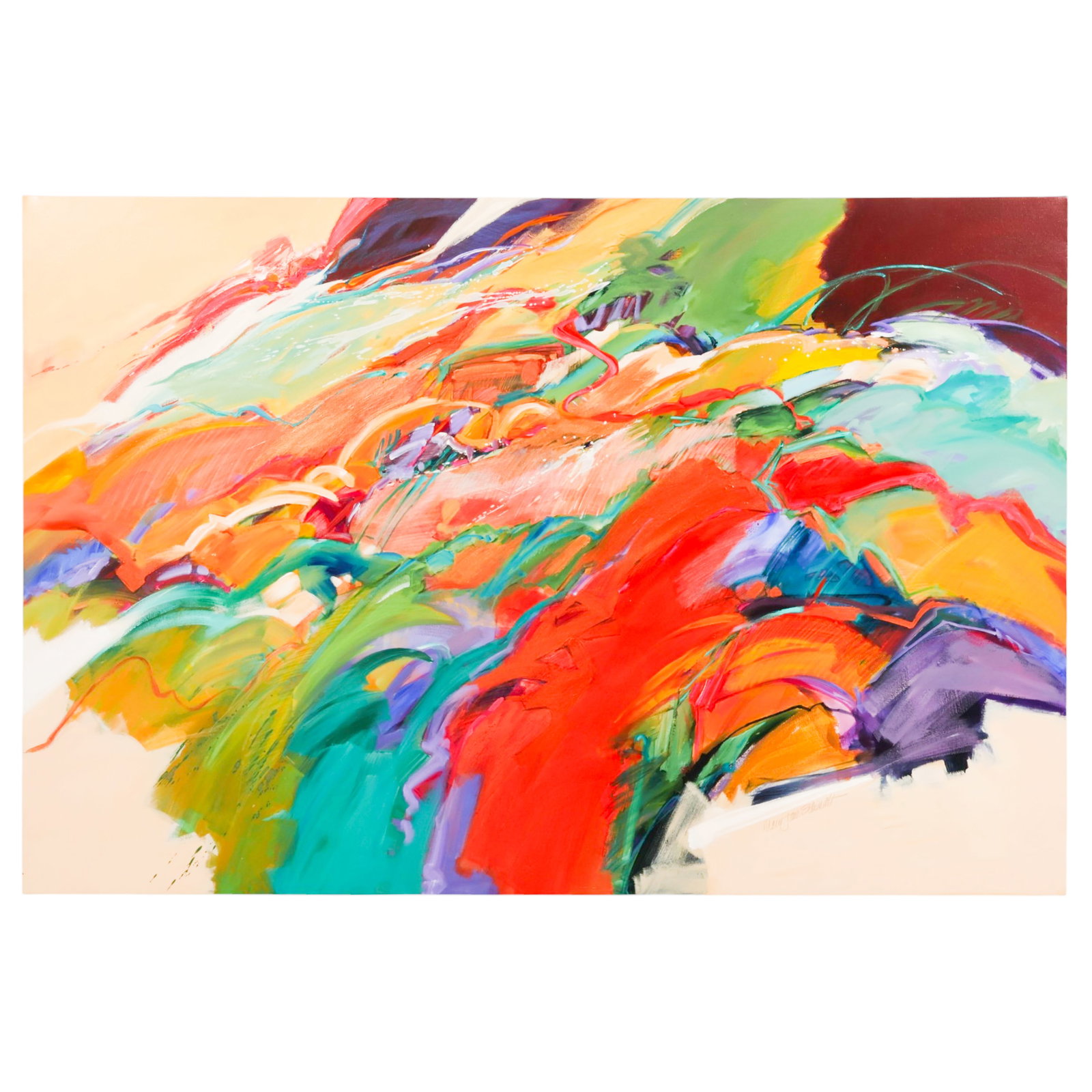 Mary Jane Schmidt b.1941 "Salsa" Abstract Painting: Mary Jane Schmidt (American, born 1941), Salsa, 2002, acrylic on canvas depicting an energetic abstract composition rendered in turquoise, green, coral, red, violet, yellow, and cream. Executed in the