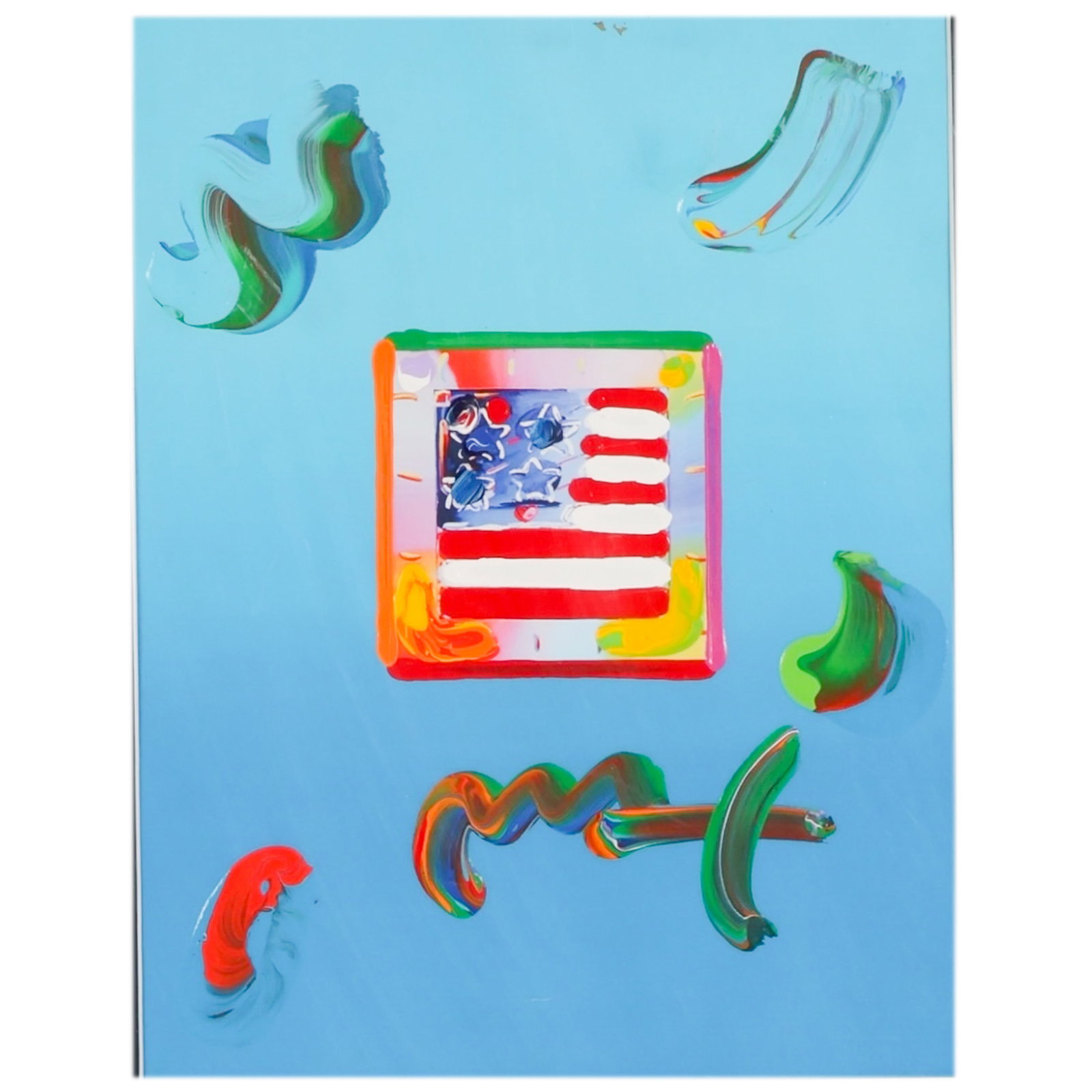 Peter Max b.1937 Abstract American Flag Painting: Peter Max (German American, born 1937), acrylic painted lithograph on paper depicting a stylized American flag motif surrounded by expressive abstract brushstrokes and colorful embellishments on a vib