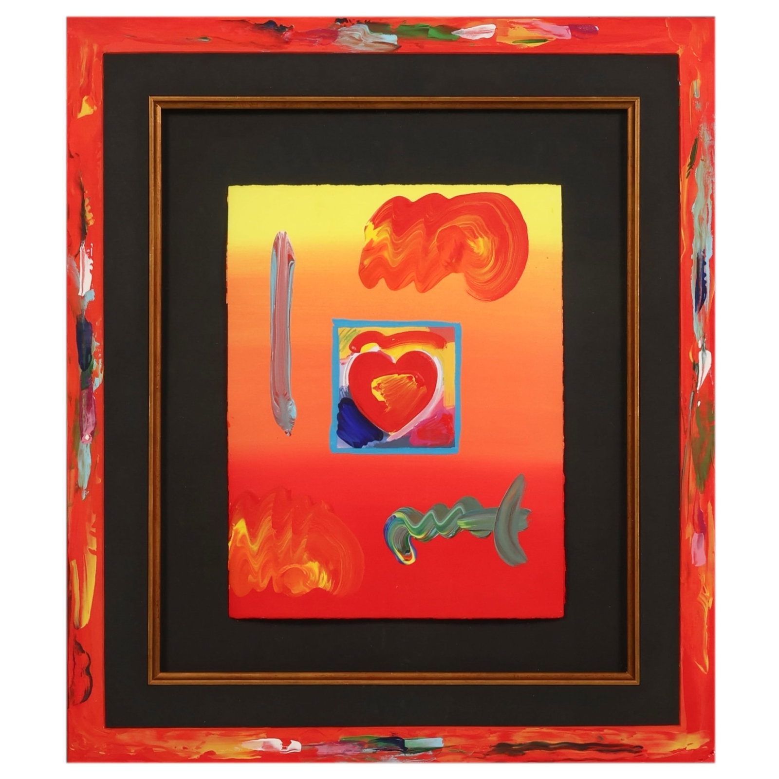 Peter Max b.1937 Abstract Heart on Bends Painting: Peter Max (German American, born 1937), embellished color lithograph on paper depicting a stylized heart within a geometric border. Rendered in vivid shades of red, orange, yellow, blue, and gray, the