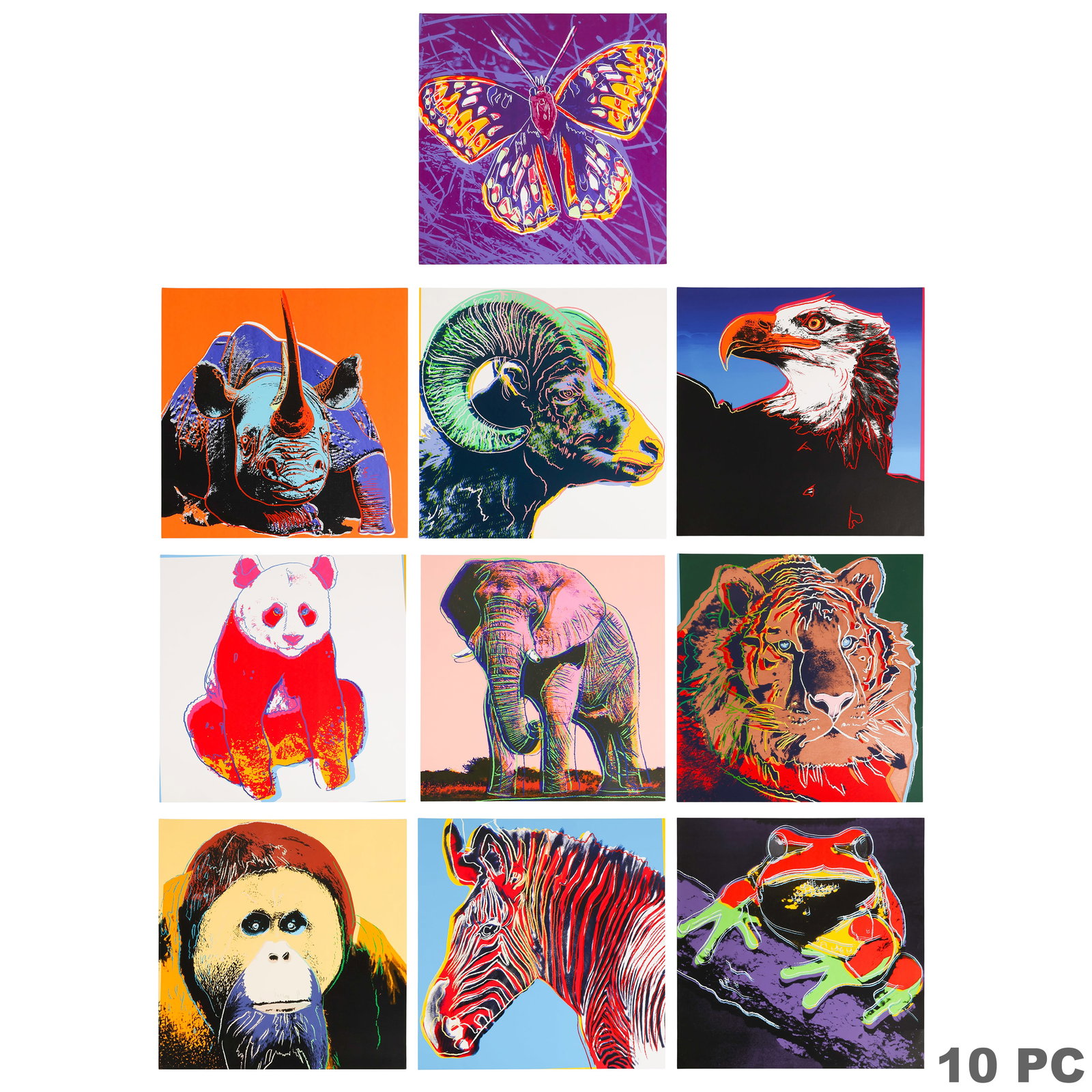Endangered Species 10pc Portfolio SET after Warhol: Complete set of ten offset serigraph prints after Andy Warhol's celebrated Endangered Species series, depicting the Orangutan, Siberian Tiger, Bald Eagle, Giant Panda, African Elephant, Grevy's Zebra,