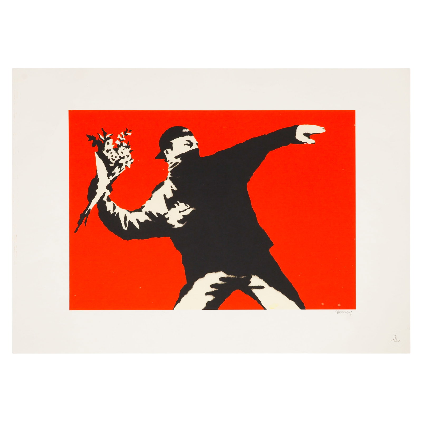"Love is in the Air" LE Litho after Bansky SIGNED: After Banksy (International, 20th Century), Love Is In The Air (Flower Thrower), color lithograph on paper depicting the artist's iconic image of a masked protester throwing a bouquet of flowers. Penc