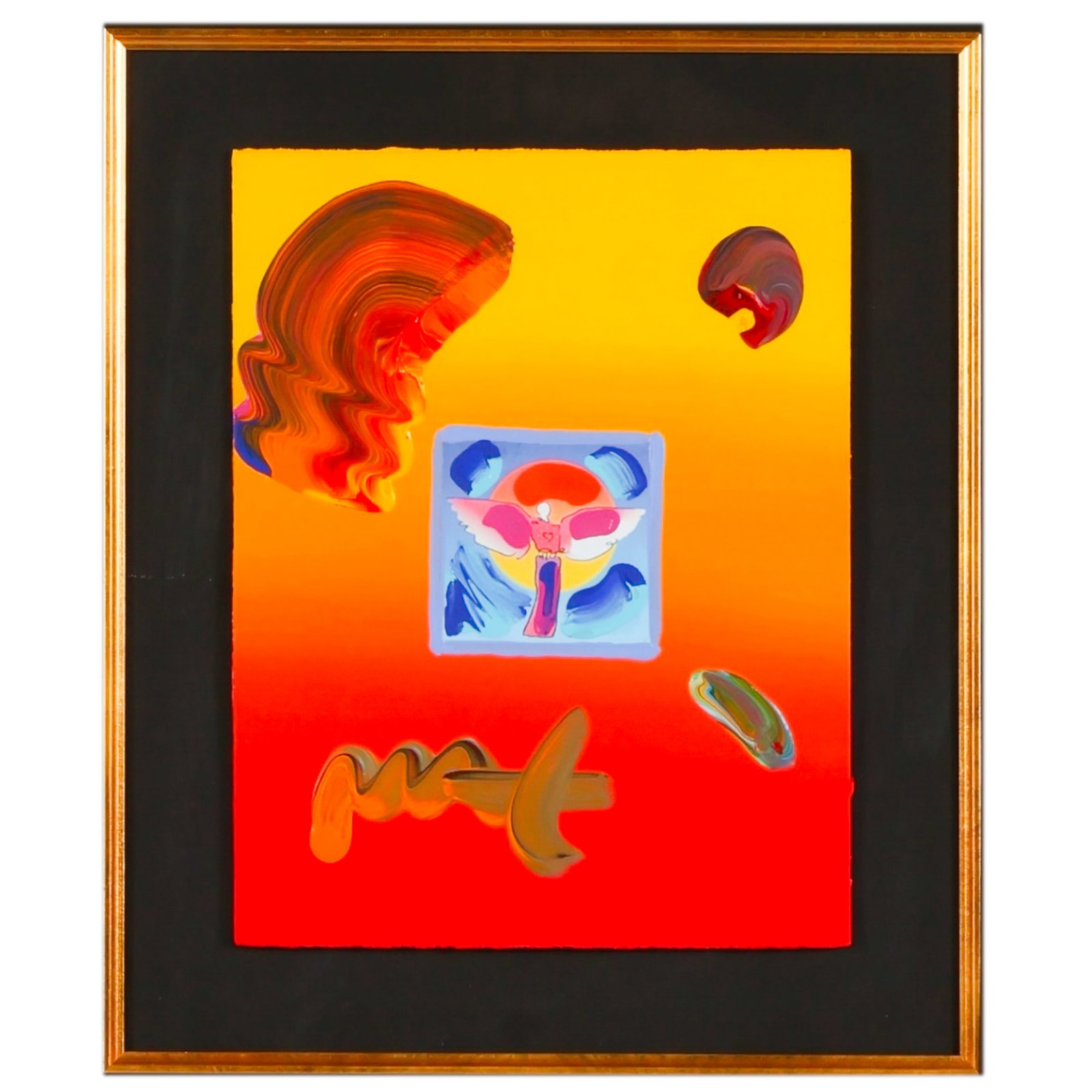 Peter Max b.1937 Angel w/ Heart Abstract Painting: Peter Max (German American, born 1937), Angel with Heart, embellished color lithograph on paper depicting one of the artists iconic cosmic angel figures rendered in bold psychedelic tones against a ra