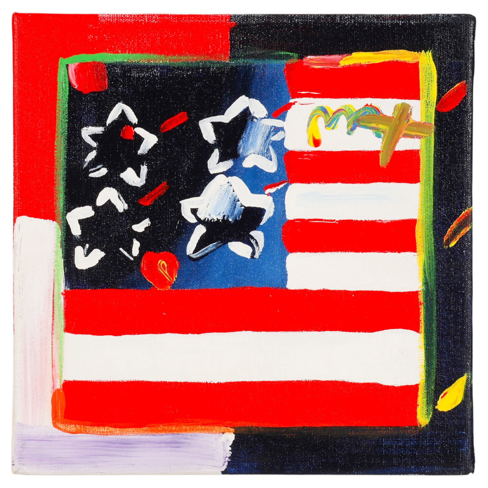 Peter Max b.1937 American Flag Abstract Painting: Peter Max (German American, born 1937), untitled acrylic on canvas painting depicting an abstracted American flag composition rendered in bold colors and expressive brushwork characteristic of the art