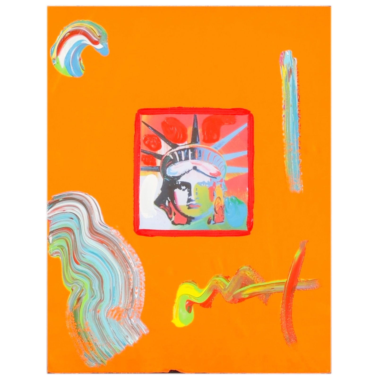 Peter Max b.1937 Statue of Liberty 2009 Painting: Peter Max (German American, born 1937), acrylic painting on lithograph depicting a vibrant abstract composition centered with a stylized Statue of Liberty motif surrounded by expressive brushstrokes a