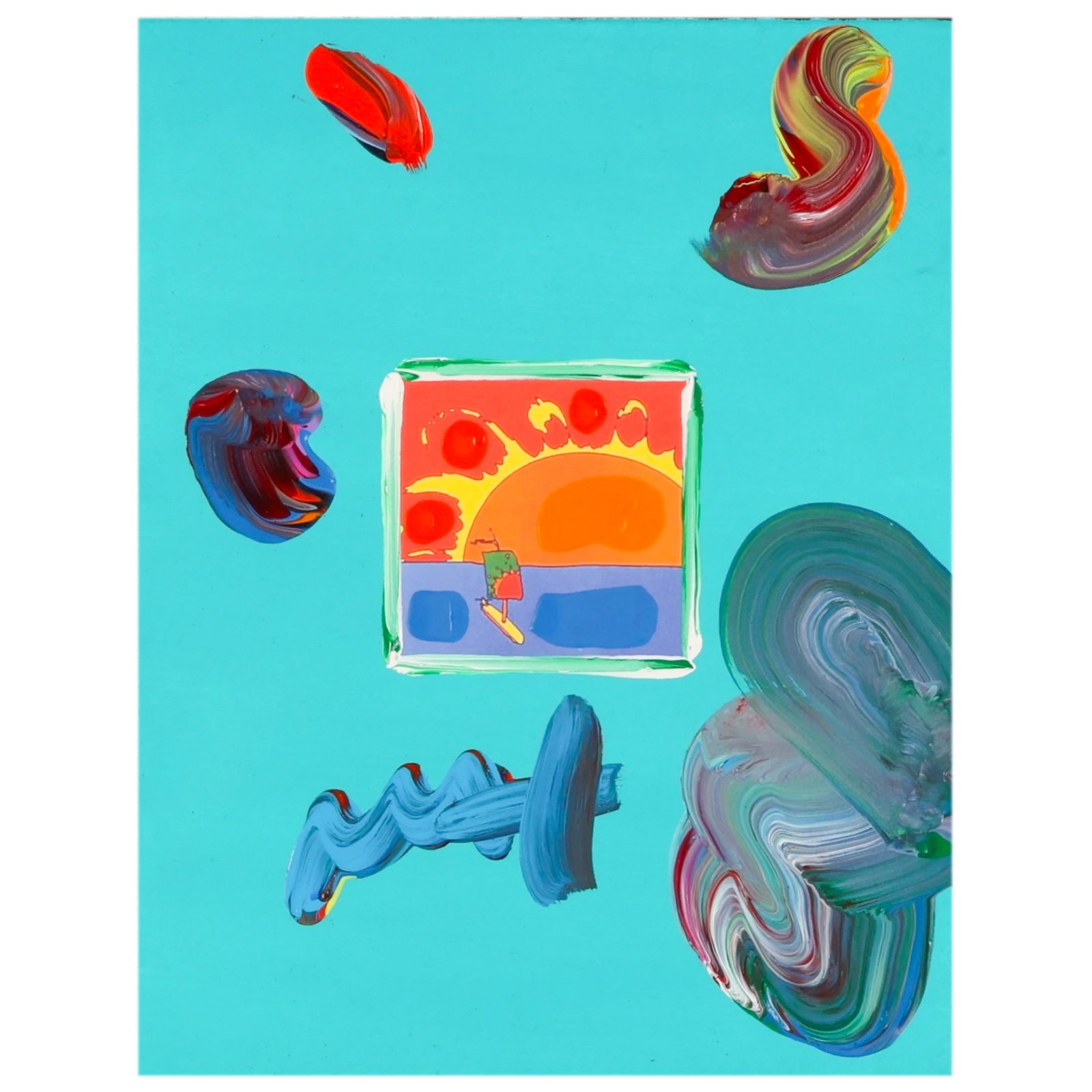 Peter Max b.1937 Sunrise 2008 Mixed-Media SIGNED: Peter Max (German American, born 1937), embellished color lithograph on paper, 2009, featuring an abstract composition with a vibrant blue ground, gestural brushstroke motifs, and geometric central fo