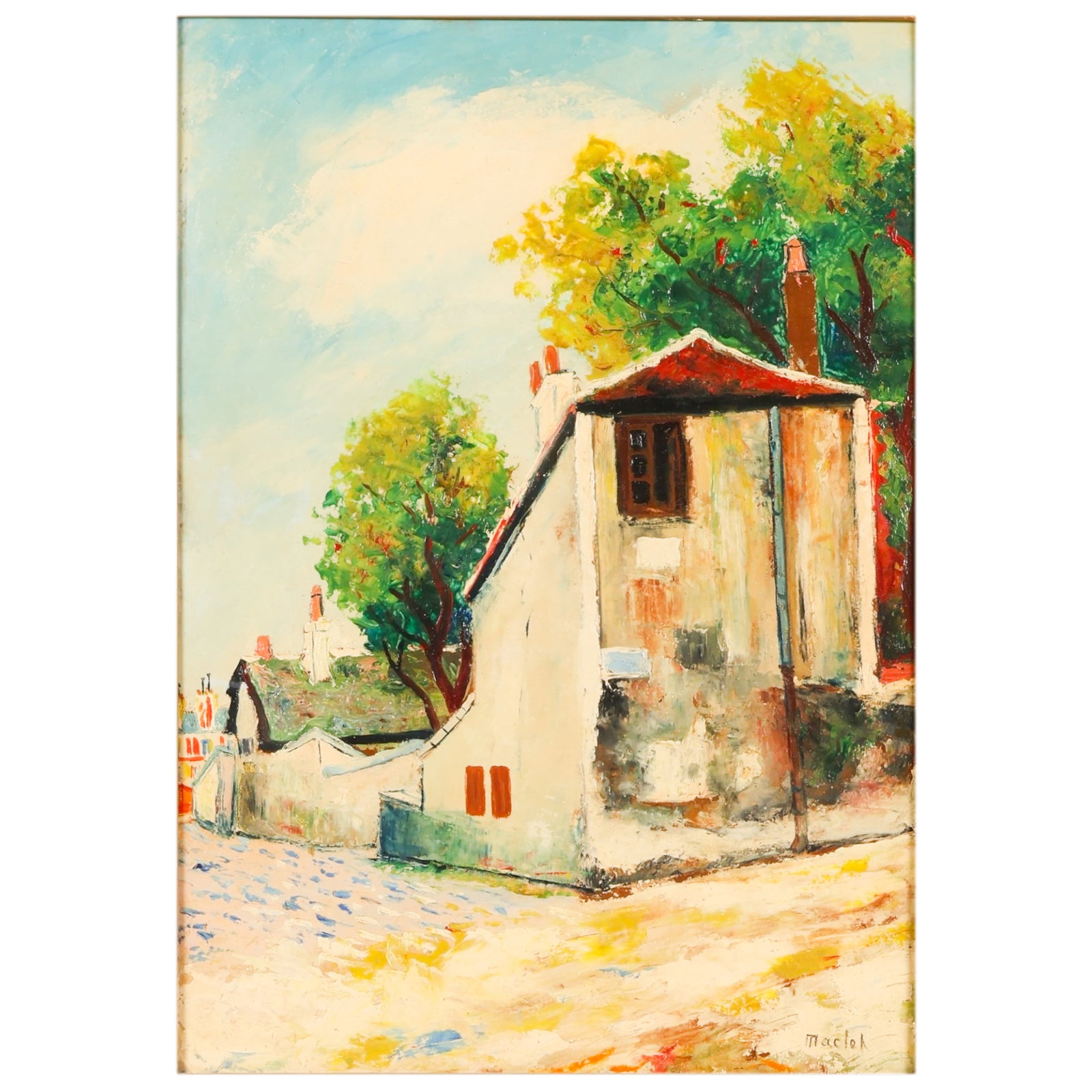 Elisee Maclet 1881-1962 French Village Painting: Elisee Maclet (French, 1881-1962), oil on canvas painting depicting a charming village street scene with cottages and trees beneath a bright sky. The composition is rendered in an expressive Post-Impr
