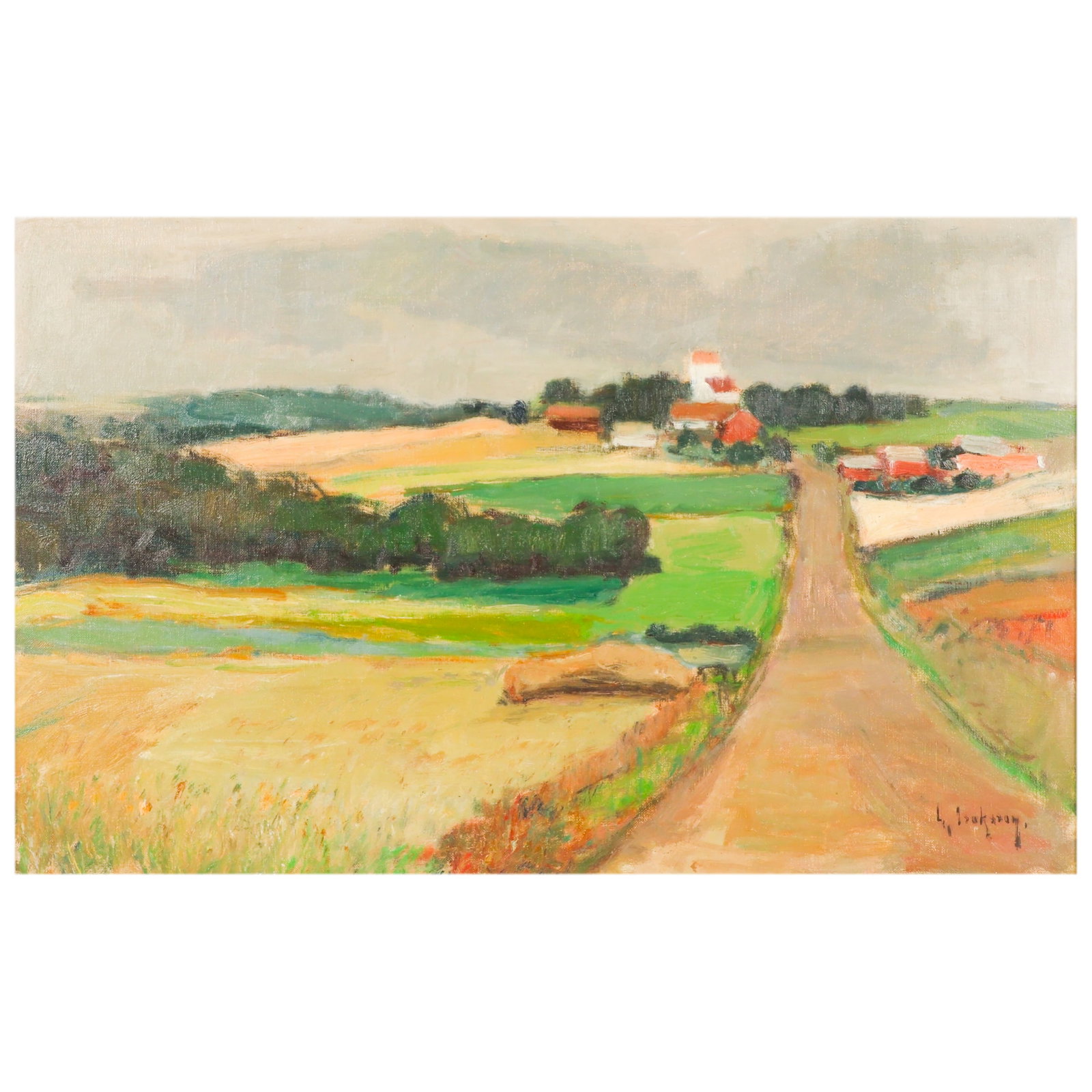 Sven Gideon Isaksson 1911-1980 Landscape Painting: Sven Gideon Isaksson (Swedish, 1911-1980), oil on canvas landscape painting depicting a tranquil rural scene with a winding road leading through open fields toward a cluster of buildings and a church 